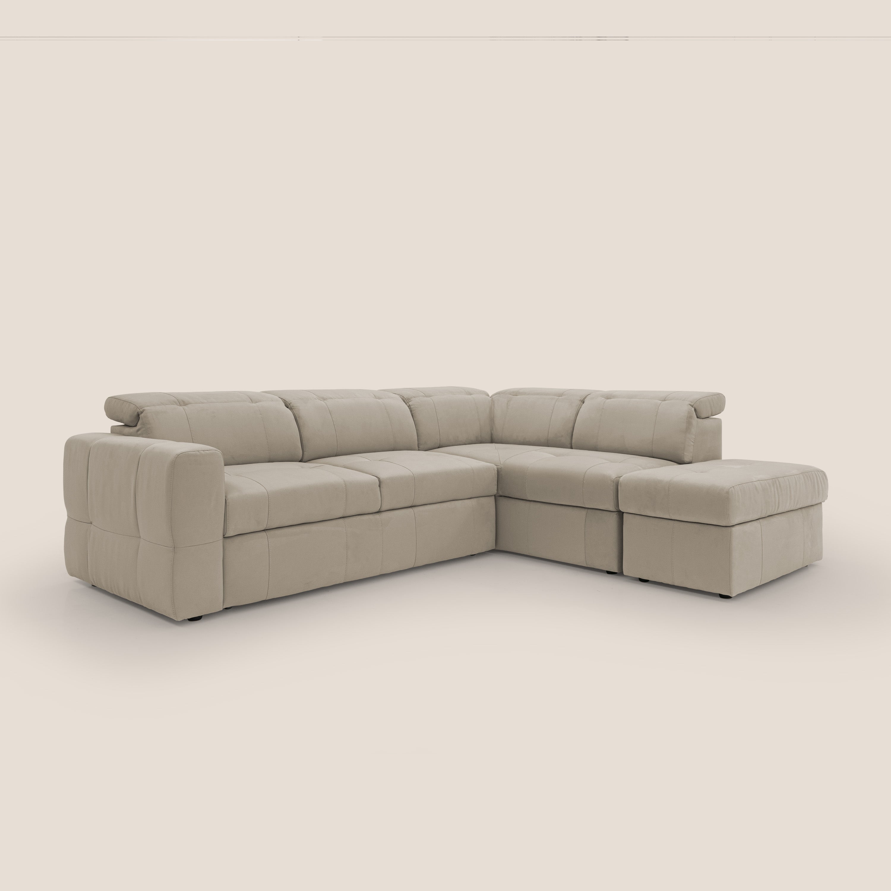Kronos Divano angolare con poggiapiedi estraibile e pouf contenitore mobile in microfibra impermeabile T11 tortora - divitt.sbs