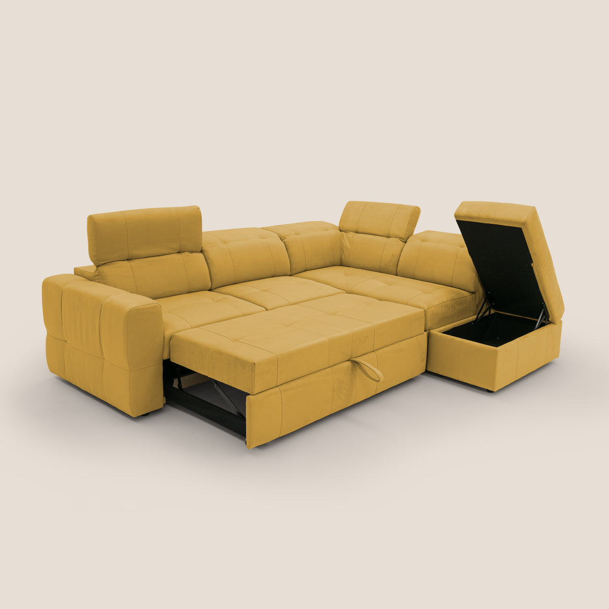 Kronos Divano angolare con poggiapiedi estraibile e pouf contenitore mobile in microfibra impermeabile T11 giallo - divitt.sbs