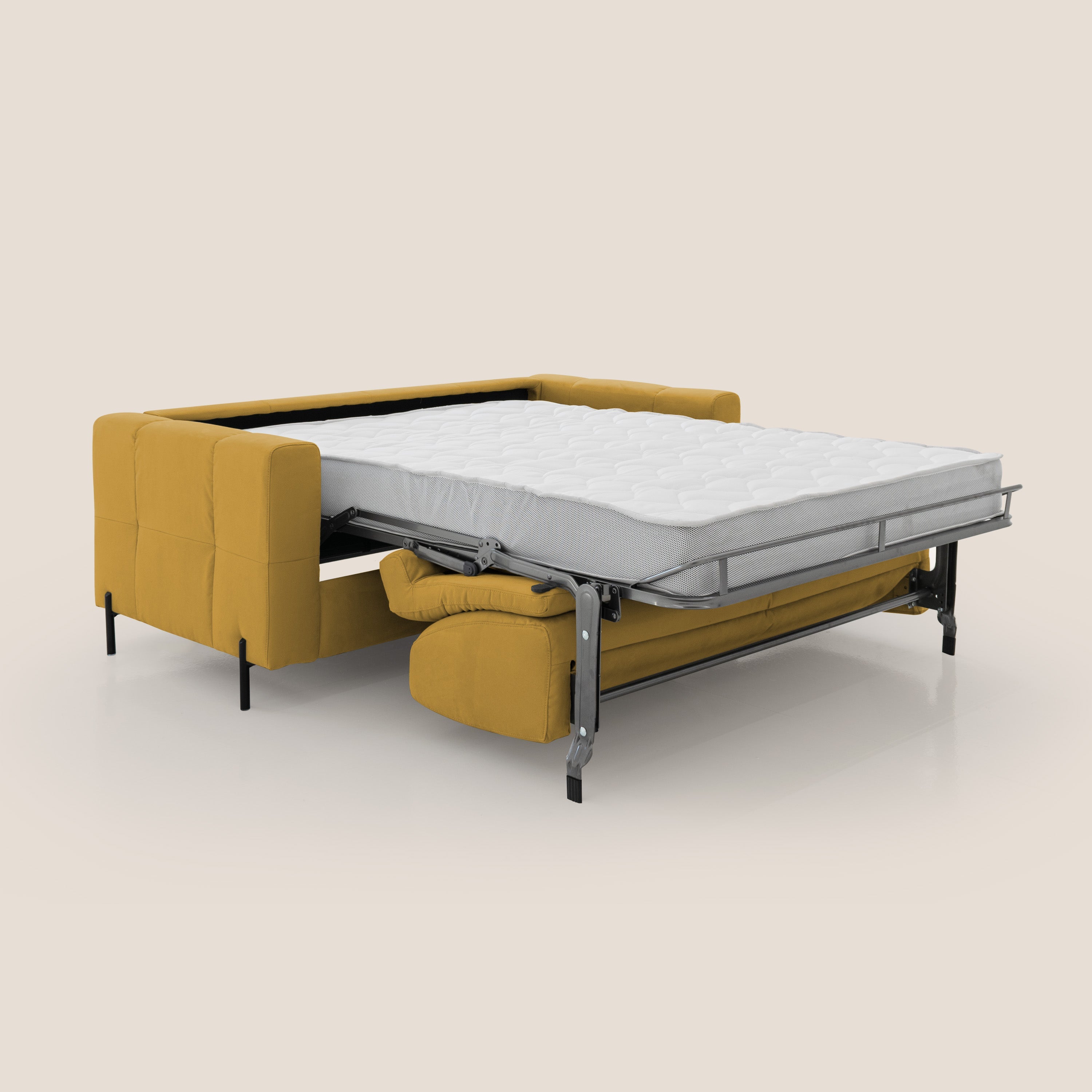 Ortensia divano letto materasso H18 cm con piedi alti in elegante microfibra smacchiabile T11 giallo - divitt.sbs