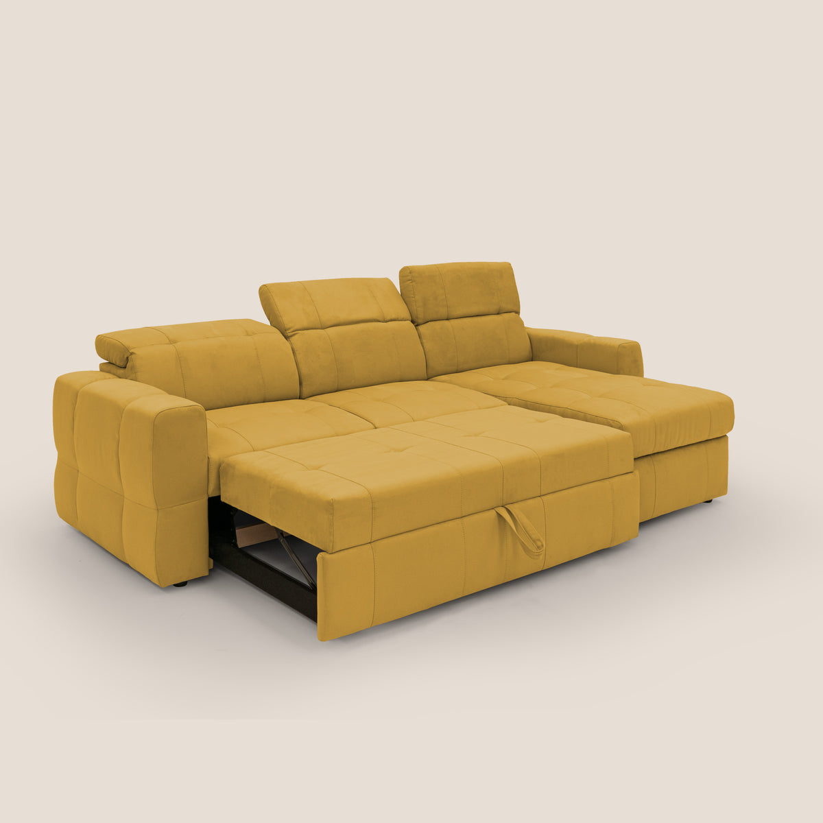 Kronos Divano angolare con pouf estraibile e penisola contenitore in microfibra impermeabile T11 giallo - divitt.sbs