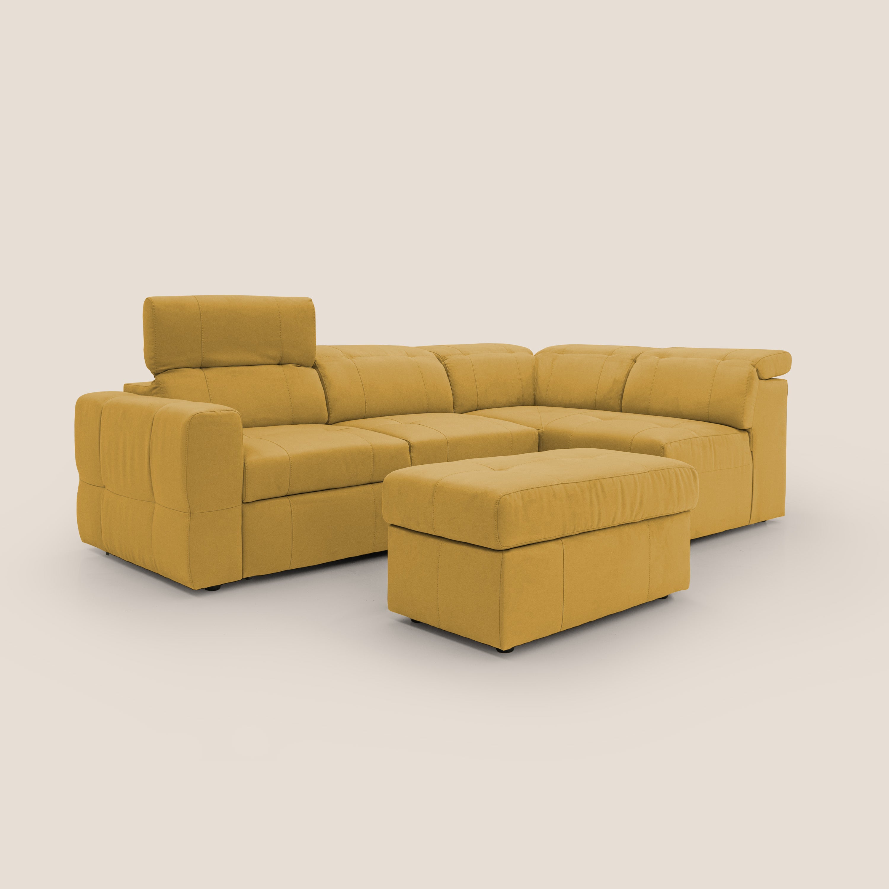 Kronos Divano angolare con poggiapiedi estraibile e pouf contenitore mobile in microfibra impermeabile T11 giallo - divitt.sbs