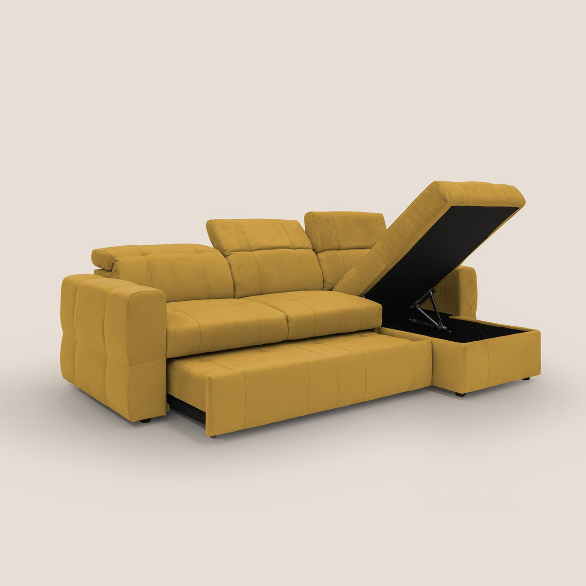Kronos Divano angolare con pouf estraibile e penisola contenitore in microfibra impermeabile T11 giallo - divitt.sbs