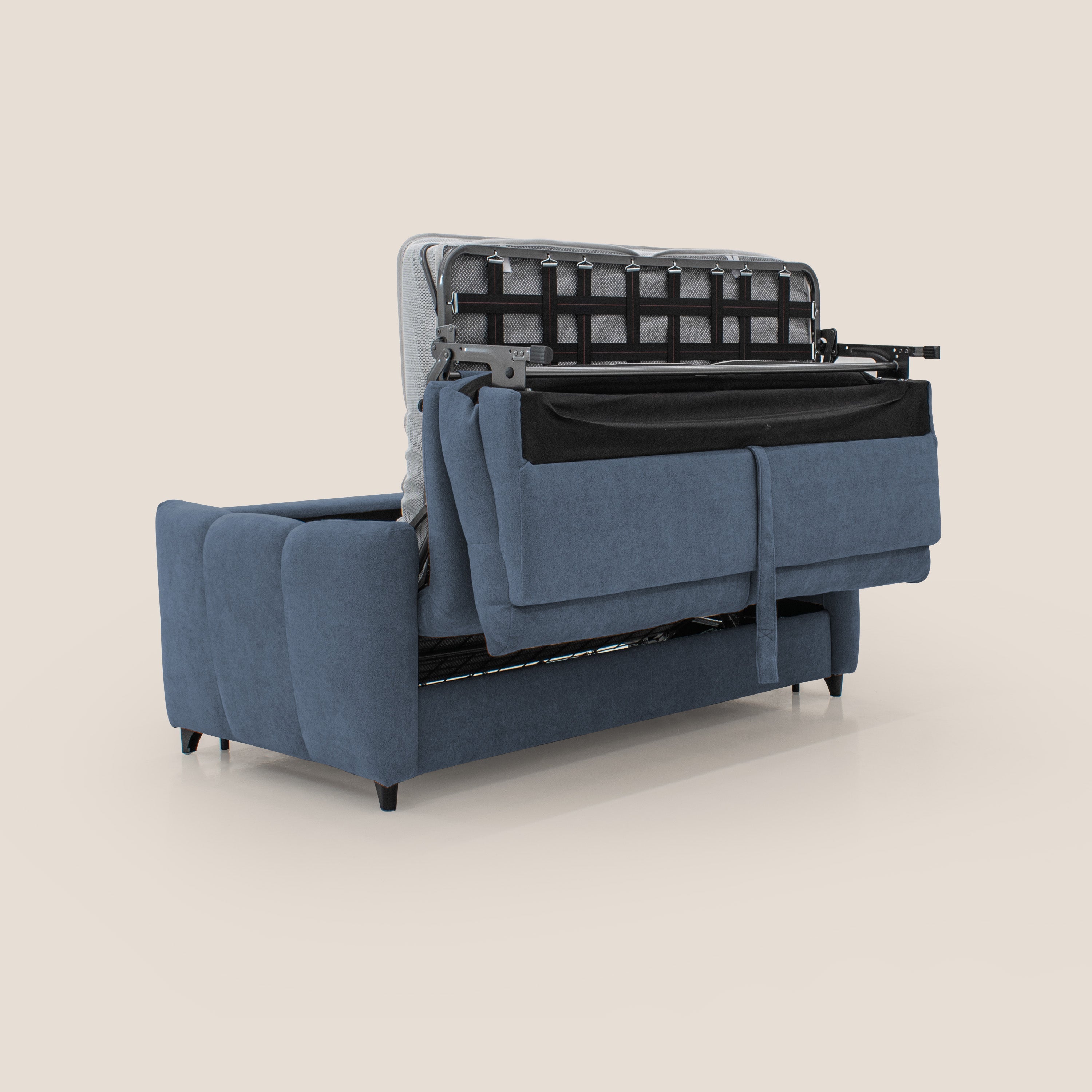 Peonia divano letto scandinavo con materasso H18 cm e morbido e alto schienale in tessuto Bouclé impermeabile T07 blu - divitt.sbs