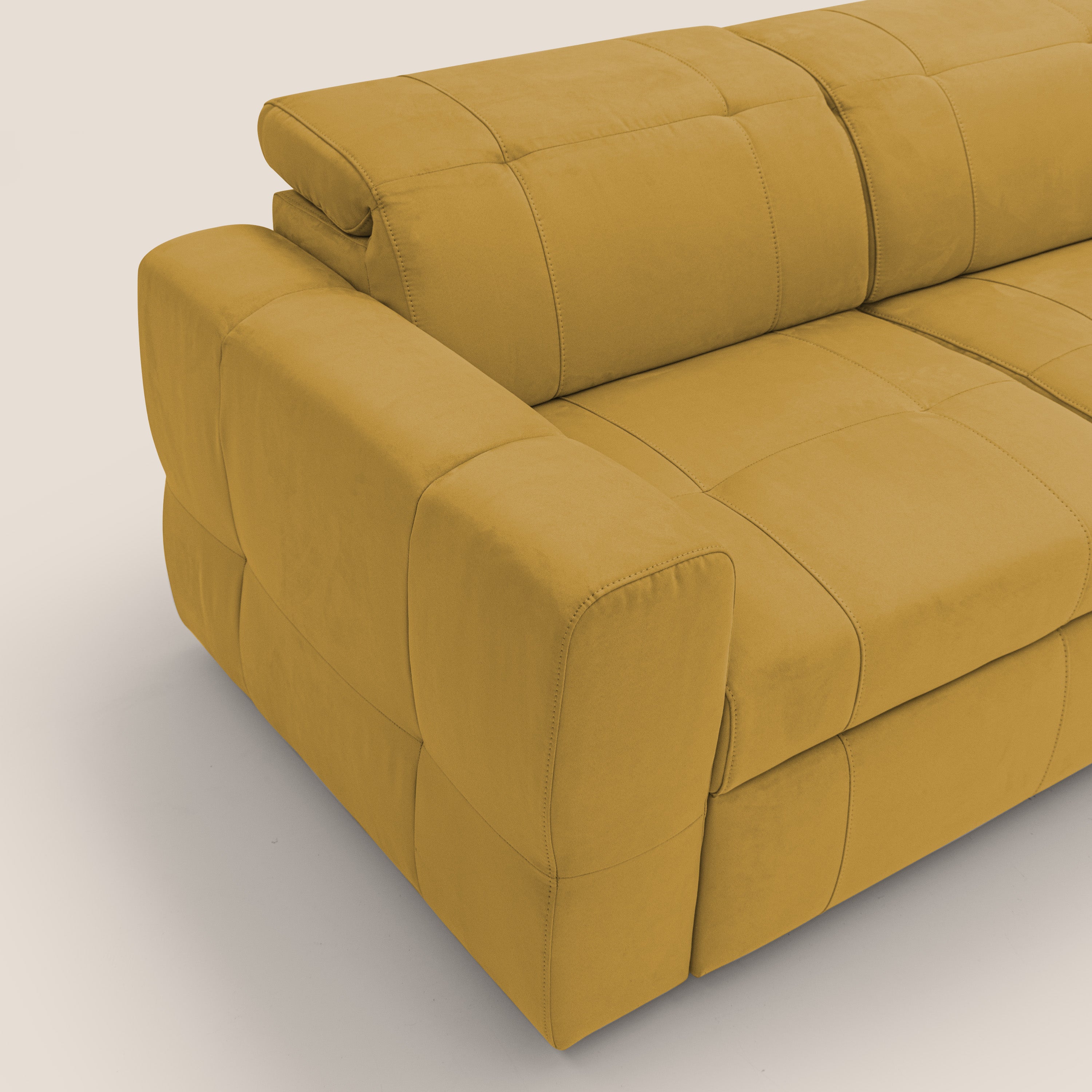 Kronos Divano angolare con pouf estraibile e penisola contenitore in microfibra impermeabile T11 giallo - divitt.sbs