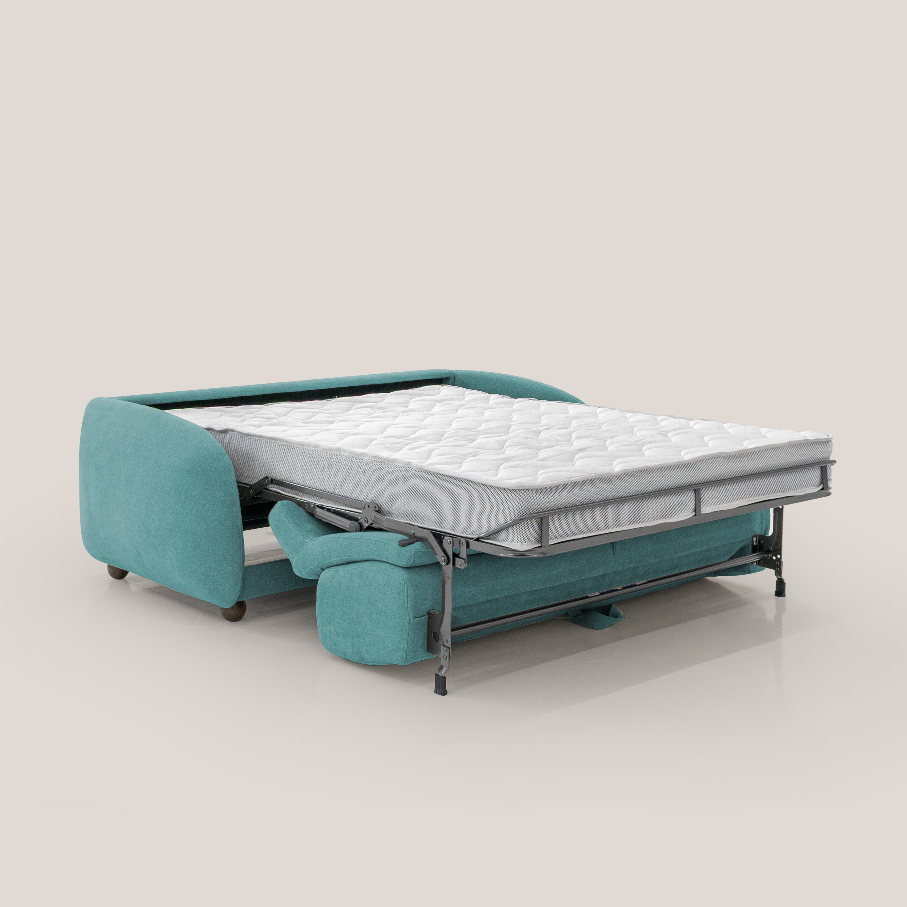 Giglio divano letto scandinavo japandi con materasso H18 cm in tessuto Bouclé impermeabile T07 azzurro - divitt.sbs