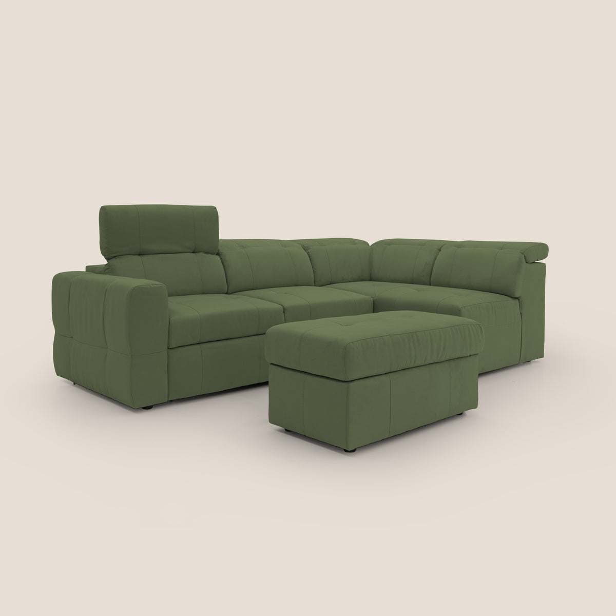 Kronos Divano angolare con poggiapiedi estraibile e pouf contenitore mobile in microfibra impermeabile T11 verde - divitt.sbs