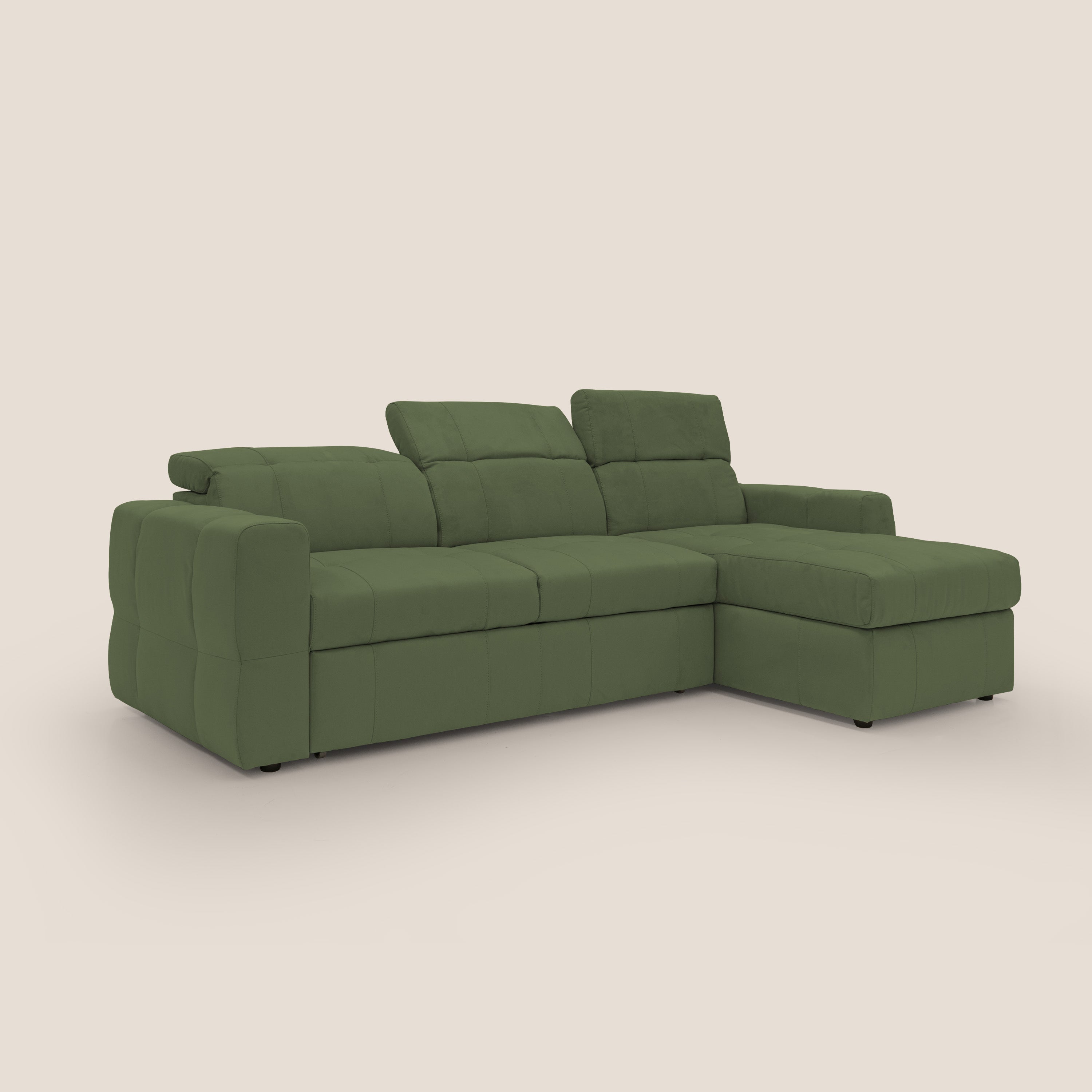 Kronos Divano angolare con pouf estraibile e penisola contenitore in microfibra impermeabile T11 verde - divitt.sbs