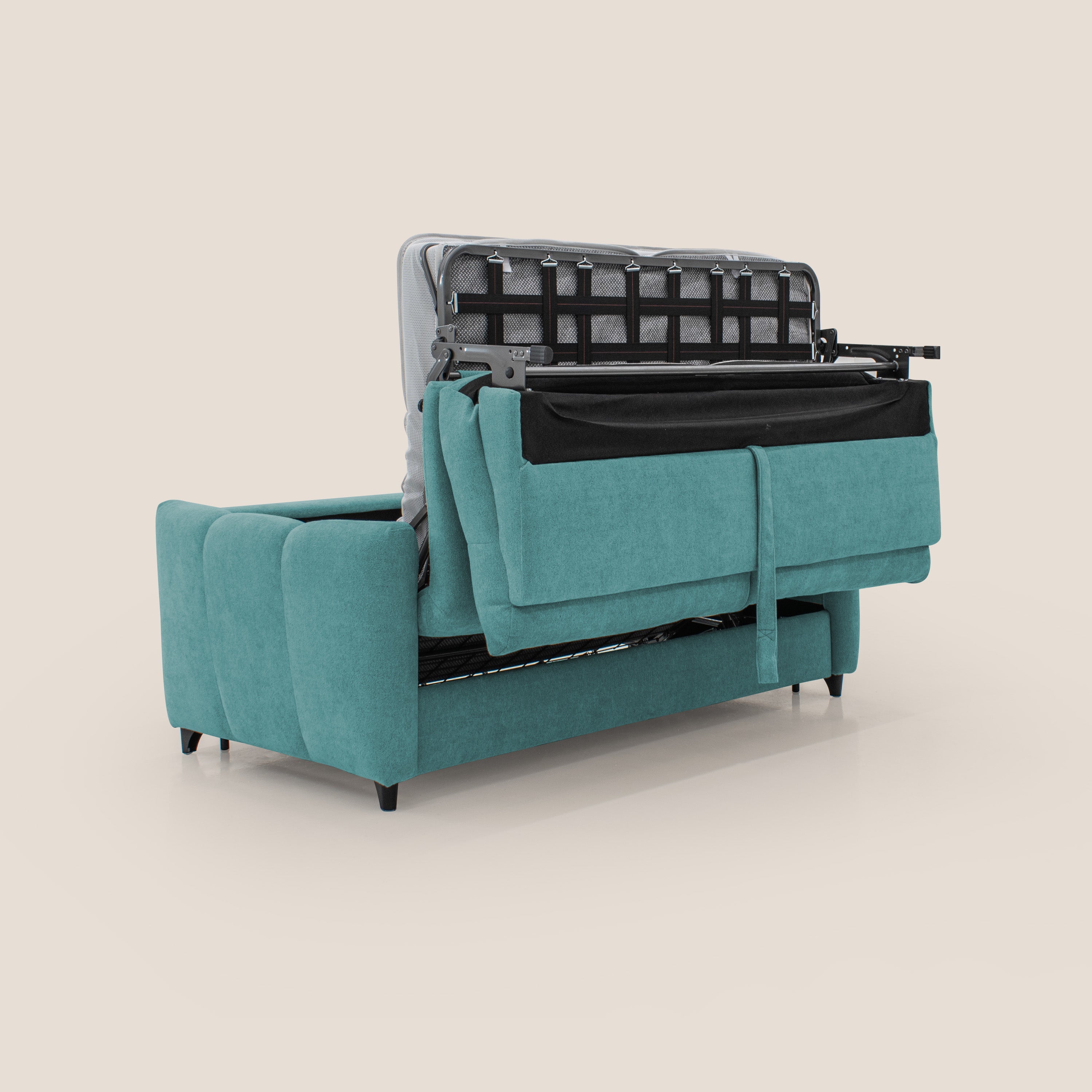Peonia divano letto scandinavo con materasso H18 cm e morbido e alto schienale in tessuto Bouclé impermeabile T07 azzurro - divitt.sbs