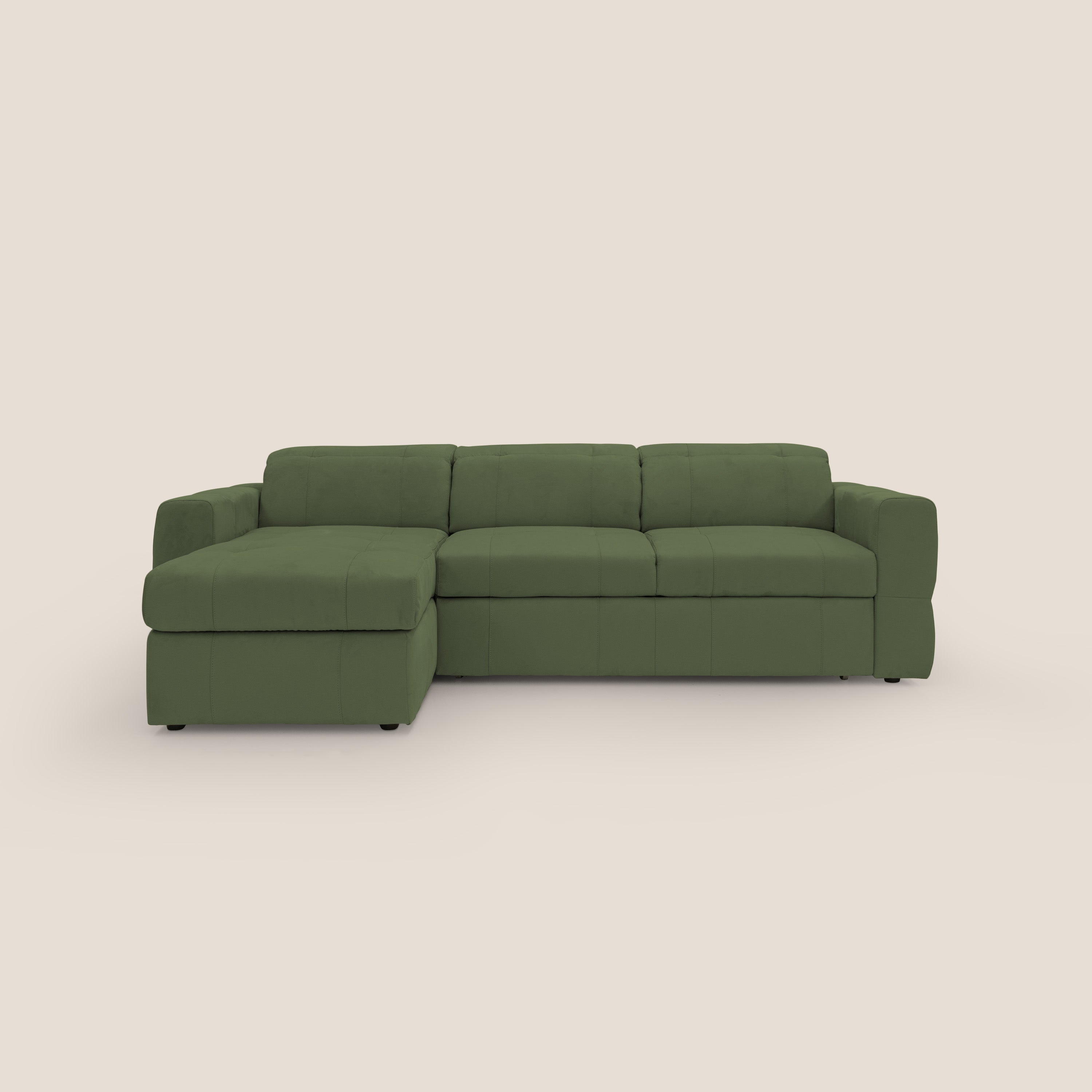 Kronos Divano angolare con pouf estraibile e penisola contenitore in microfibra impermeabile T11 verde - divitt.sbs