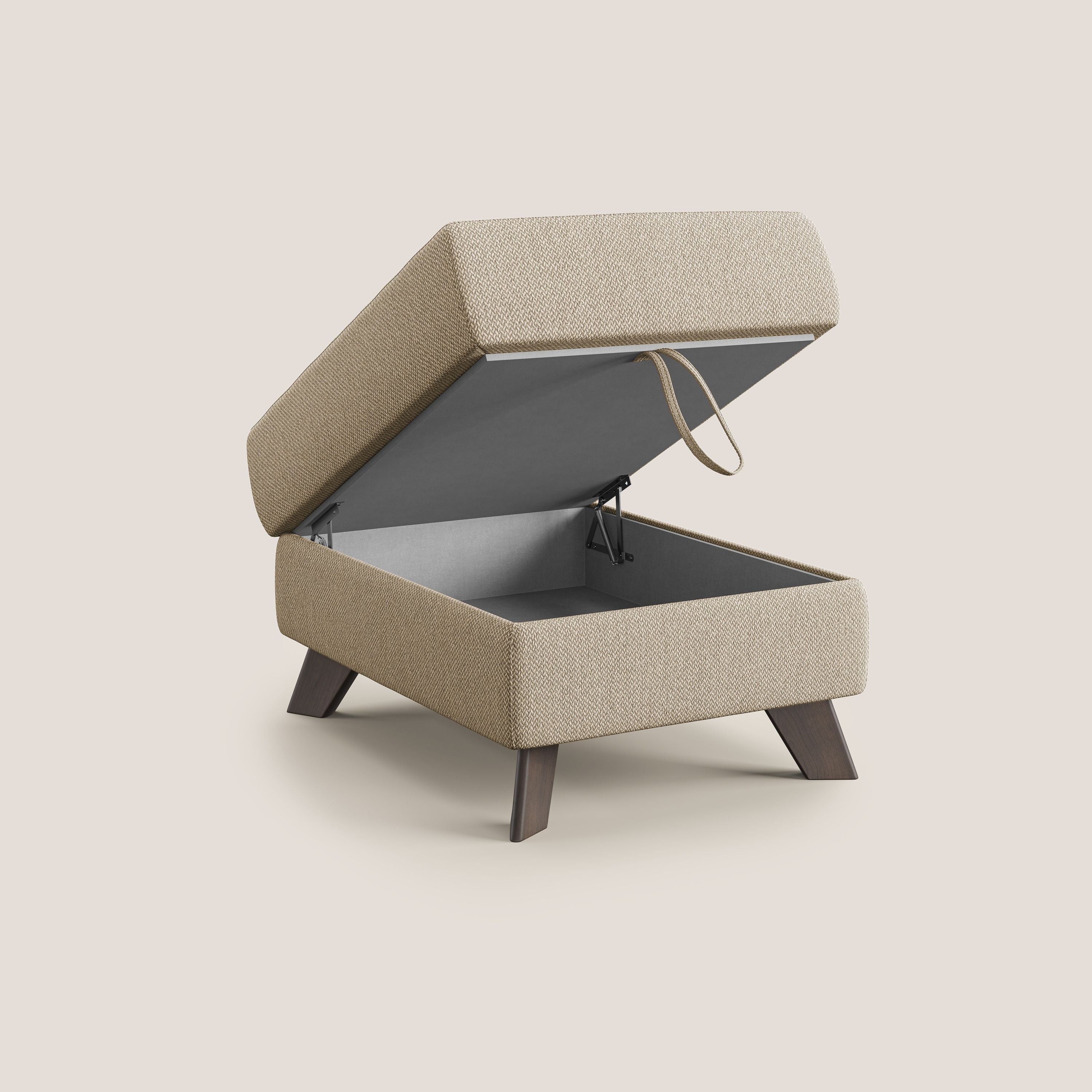 Moon Pouf contenitore e piedini alti in tessuto smacchiabile con acqua T05 beige - divitt.sbs