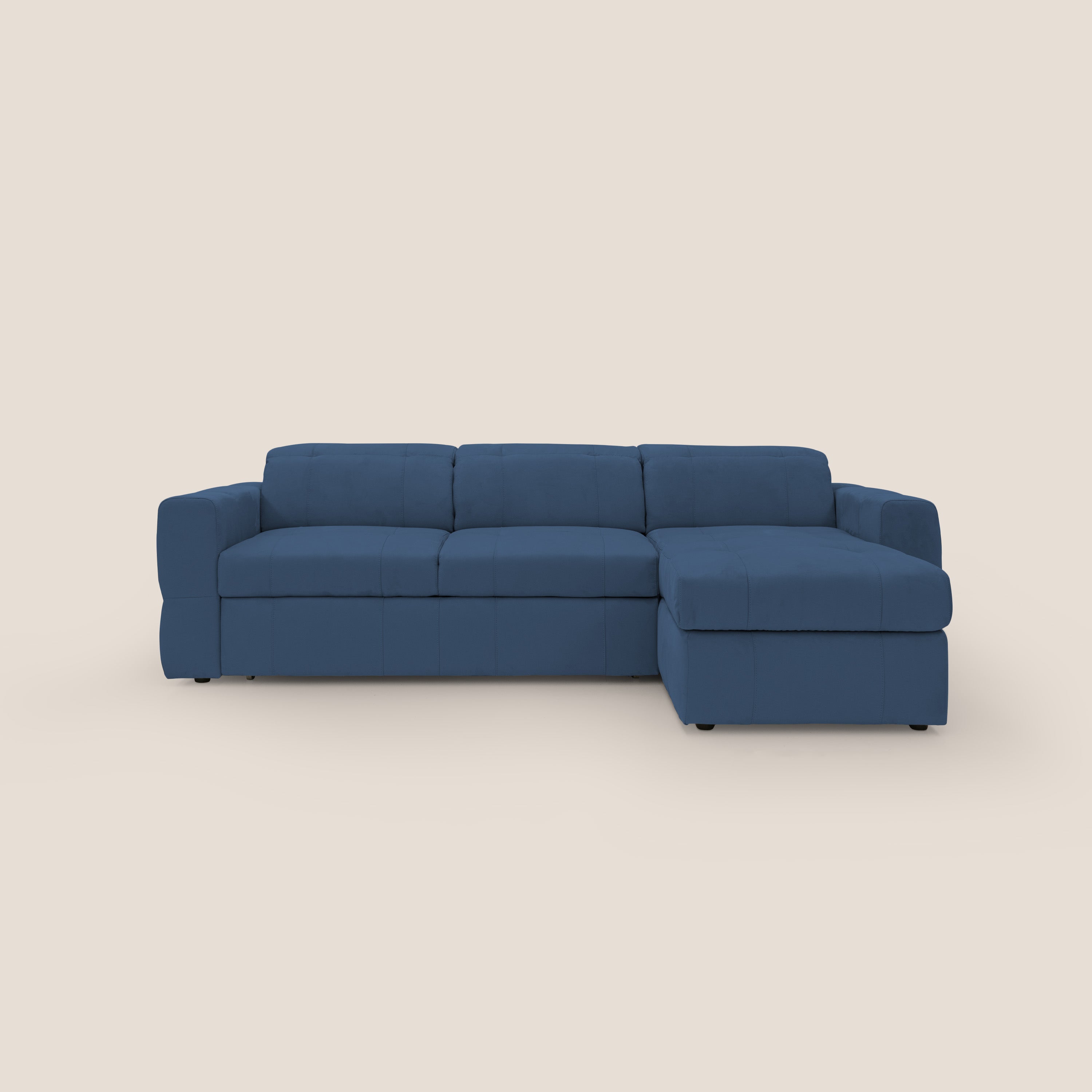Kronos Divano angolare con pouf estraibile e penisola contenitore in microfibra impermeabile T11 blu - divitt.sbs