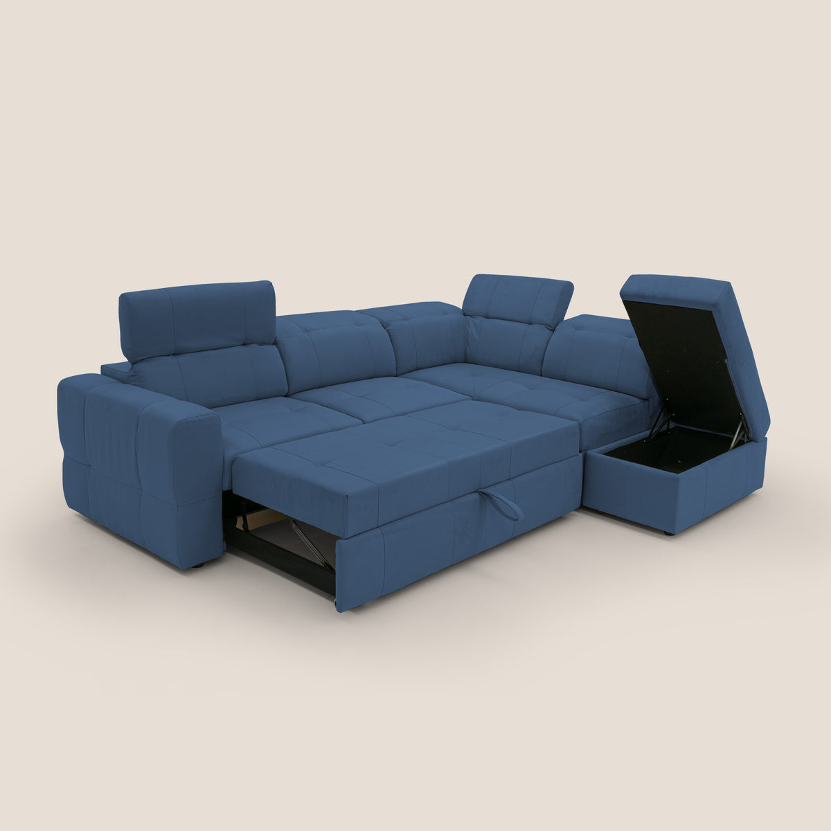 Kronos Divano angolare con poggiapiedi estraibile e pouf contenitore mobile in microfibra impermeabile T11 blu - divitt.sbs