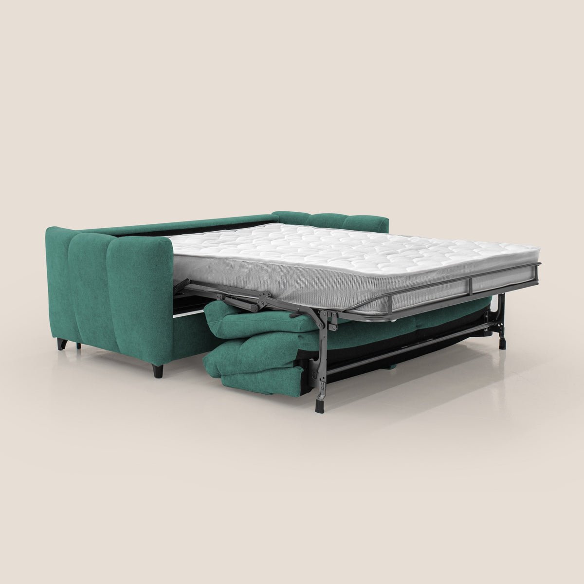Peonia divano letto scandinavo con materasso H18 cm e morbido e alto schienale in tessuto Bouclé impermeabile T07 verde - divitt.sbs