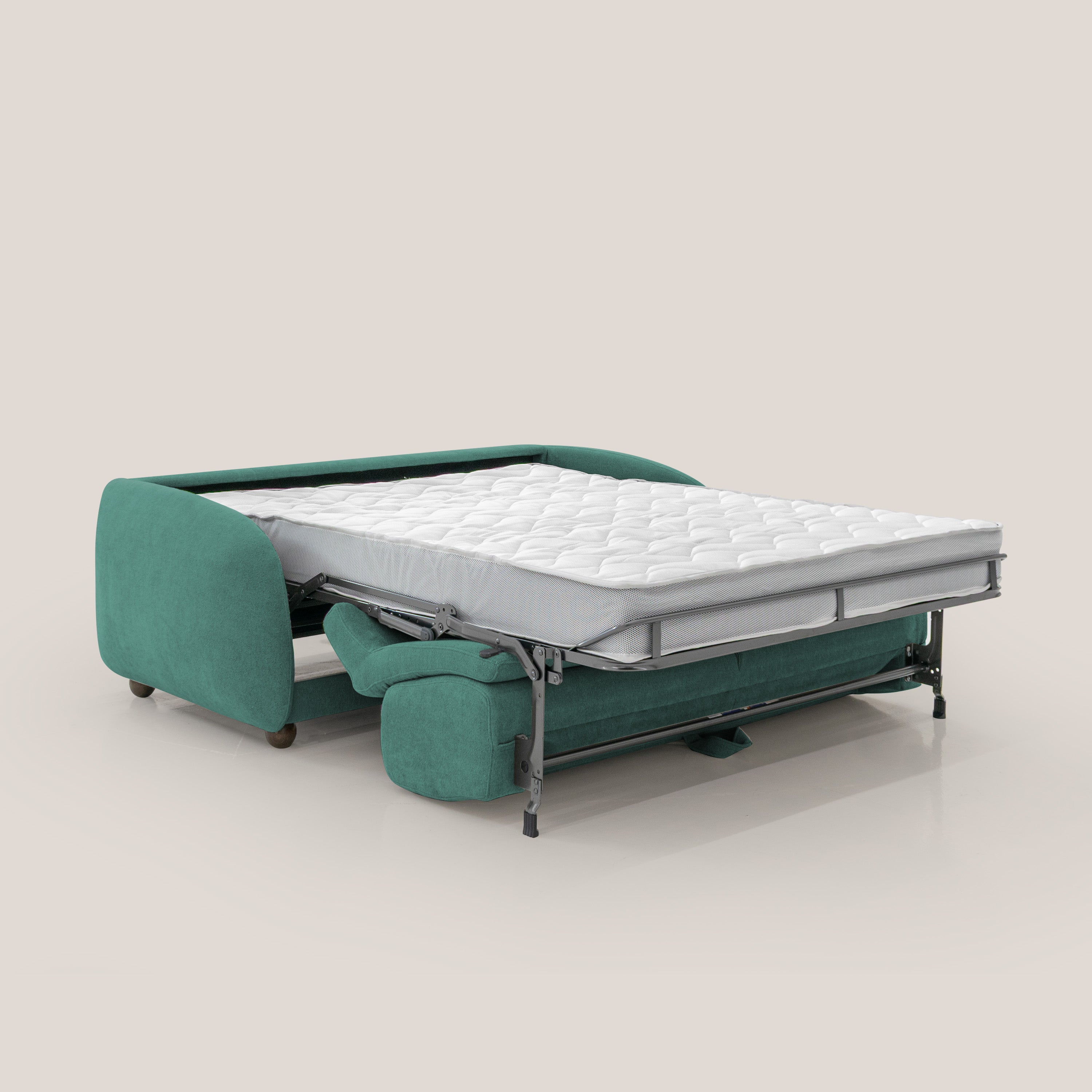 Giglio divano letto scandinavo japandi con materasso H18 cm in tessuto Bouclé impermeabile T07 verde - divitt.sbs