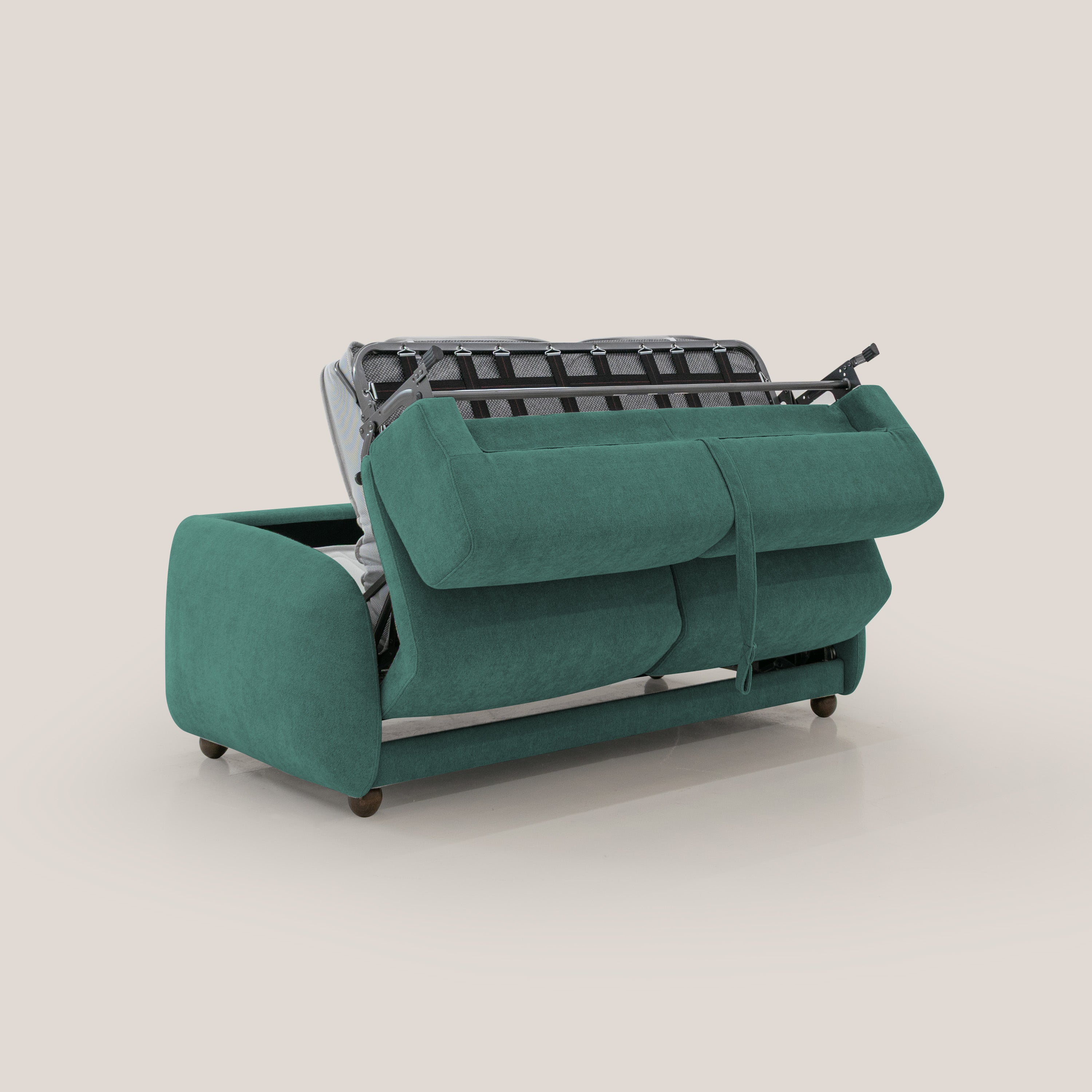 Giglio divano letto scandinavo japandi con materasso H18 cm in tessuto Bouclé impermeabile T07 verde - divitt.sbs