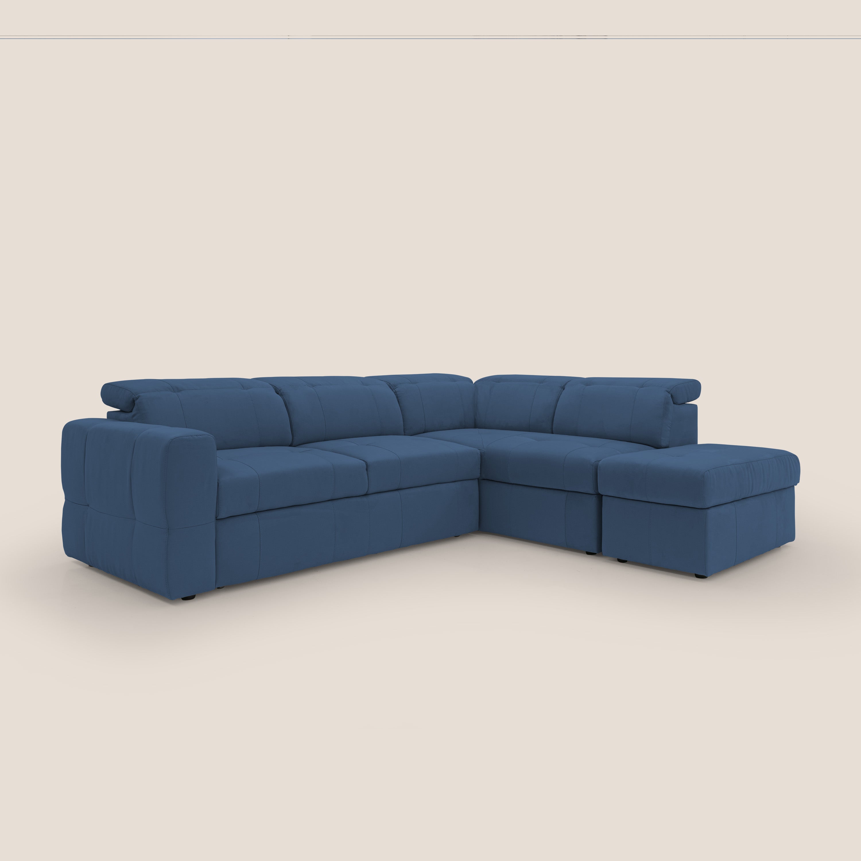 Kronos Divano angolare con poggiapiedi estraibile e pouf contenitore mobile in microfibra impermeabile T11 blu - divitt.sbs