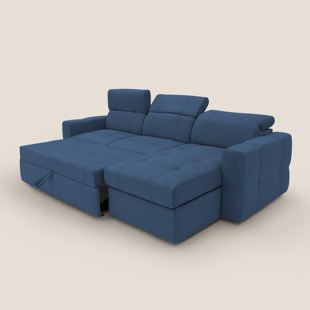 Kronos Divano angolare con pouf estraibile e penisola contenitore in microfibra impermeabile T11 blu - divitt.sbs