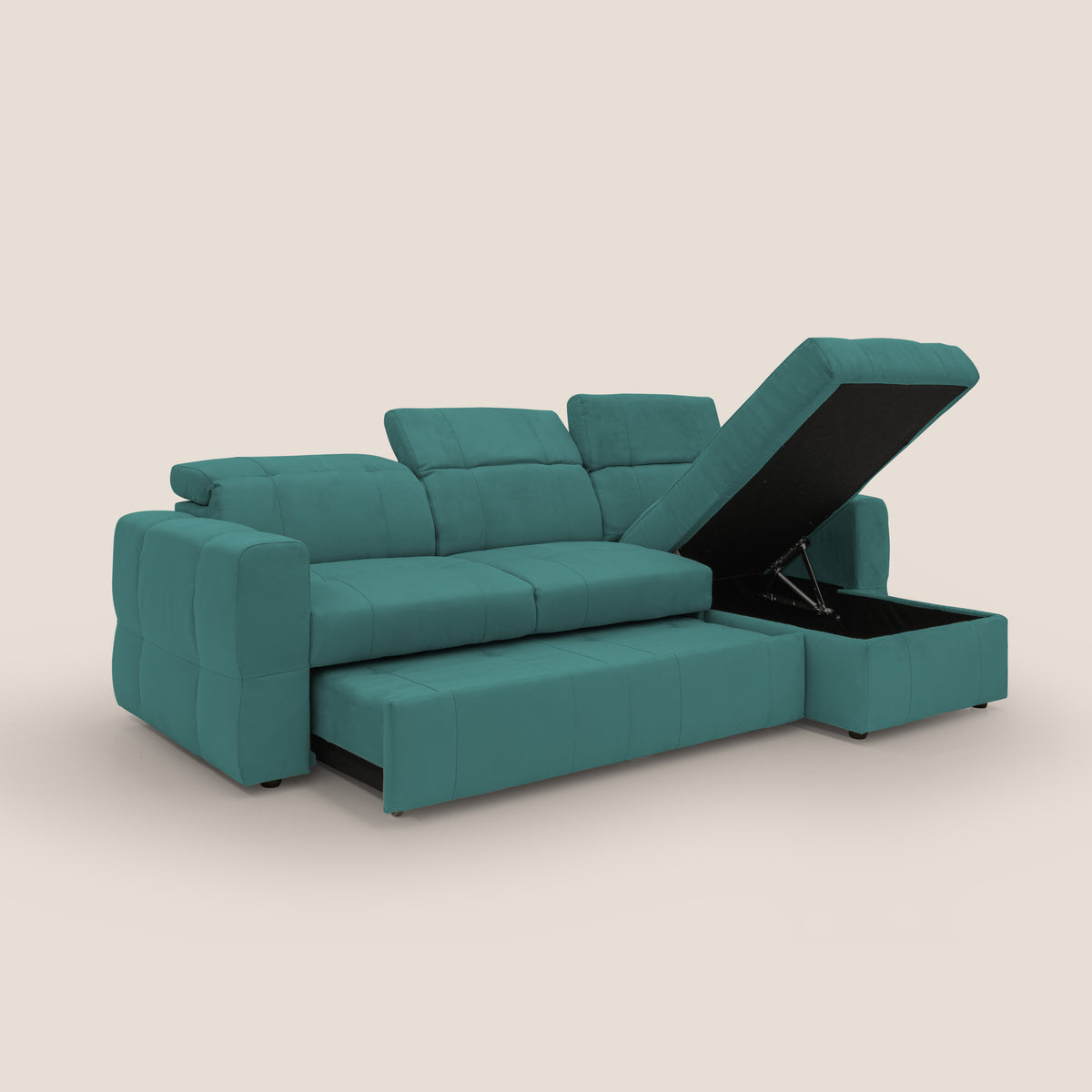 Kronos Divano angolare con pouf estraibile e penisola contenitore in microfibra impermeabile T11 petrolio - divitt.sbs