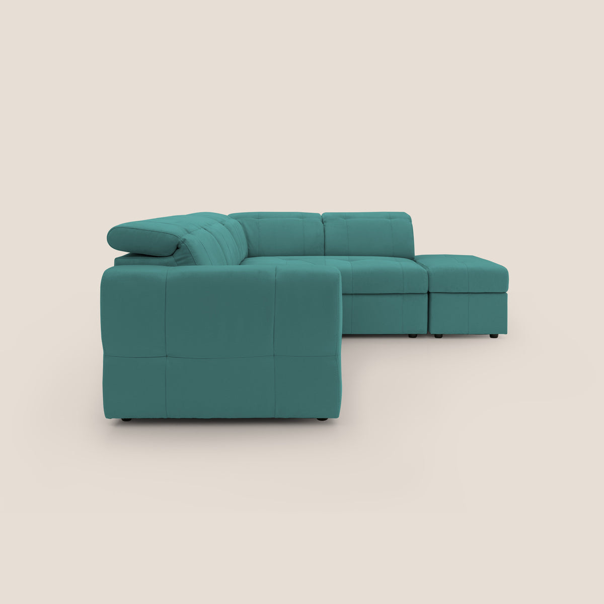 Kronos Divano angolare con poggiapiedi estraibile e pouf contenitore mobile in microfibra impermeabile T11 petrolio - divitt.sbs