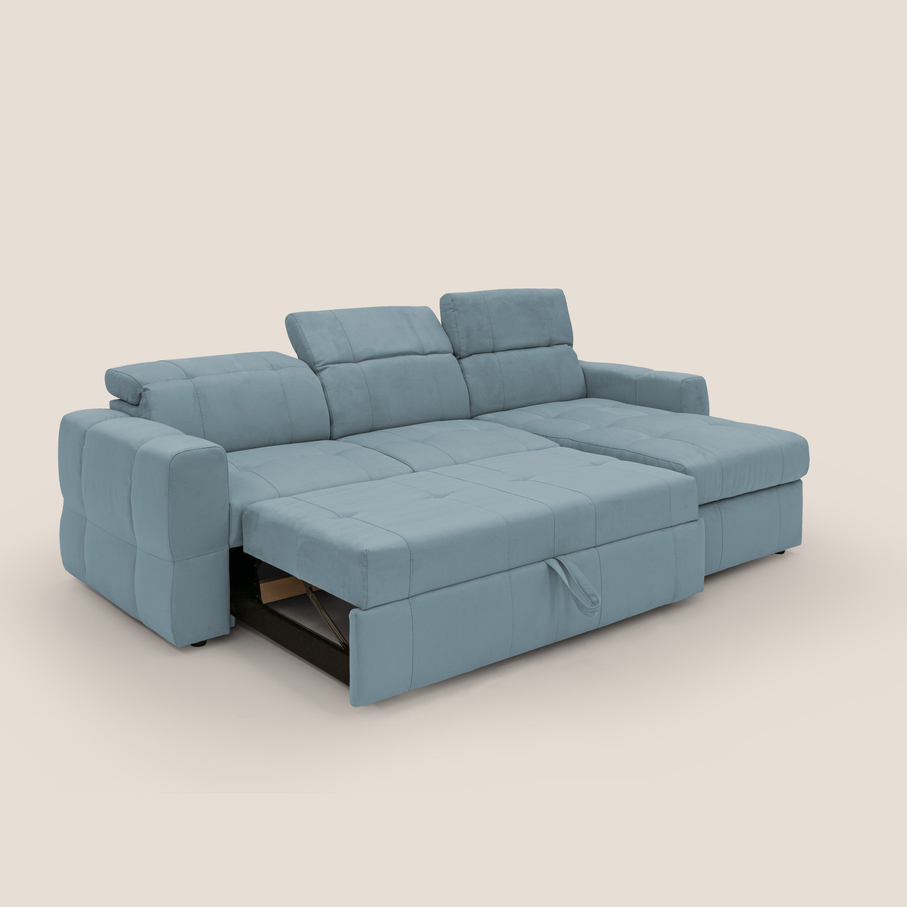 Kronos Divano angolare con pouf estraibile e penisola contenitore in microfibra impermeabile T11 carta da zucchero - divitt.sbs