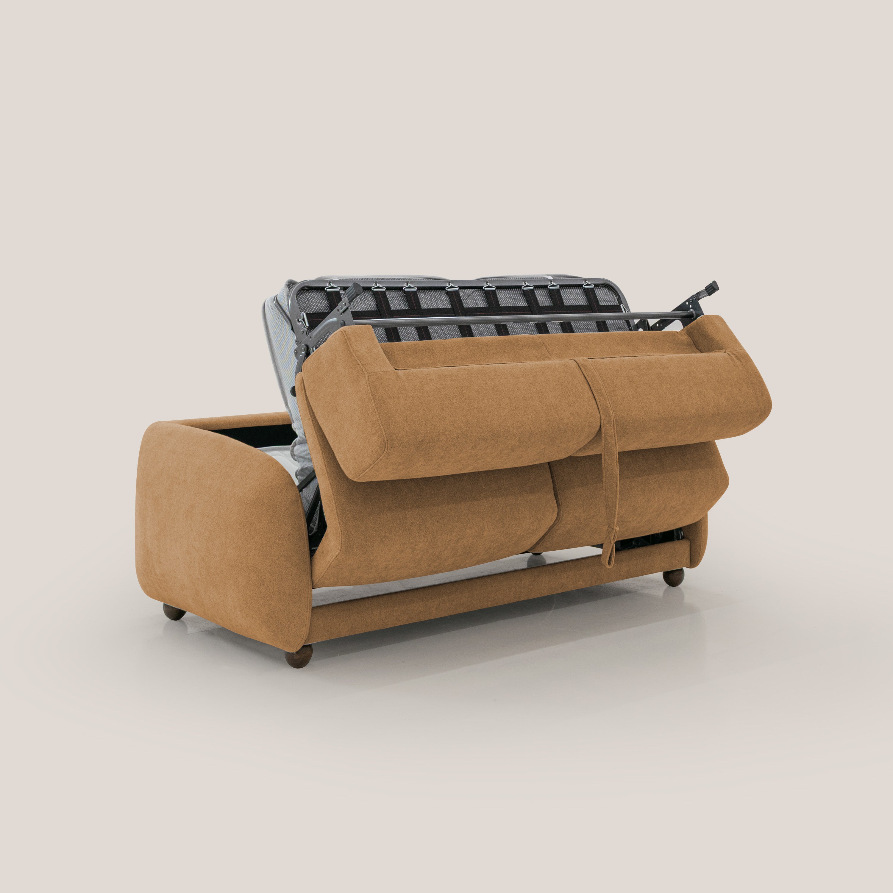 Giglio divano letto scandinavo japandi con materasso H18 cm in tessuto Bouclé impermeabile T07 arancio - divitt.sbs