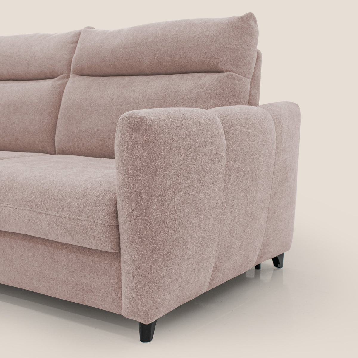 Peonia divano letto scandinavo con materasso H18 cm e morbido e alto schienale in tessuto Bouclé impermeabile T07 rosa - divitt.sbs