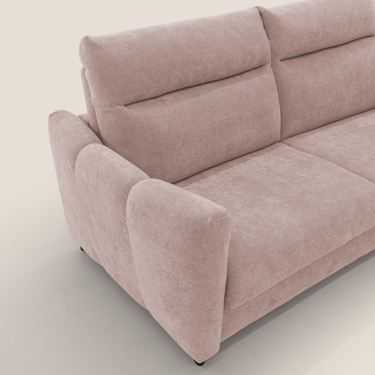 Peonia divano letto scandinavo con materasso H18 cm e morbido e alto schienale in tessuto Bouclé impermeabile T07 rosa - divitt.sbs