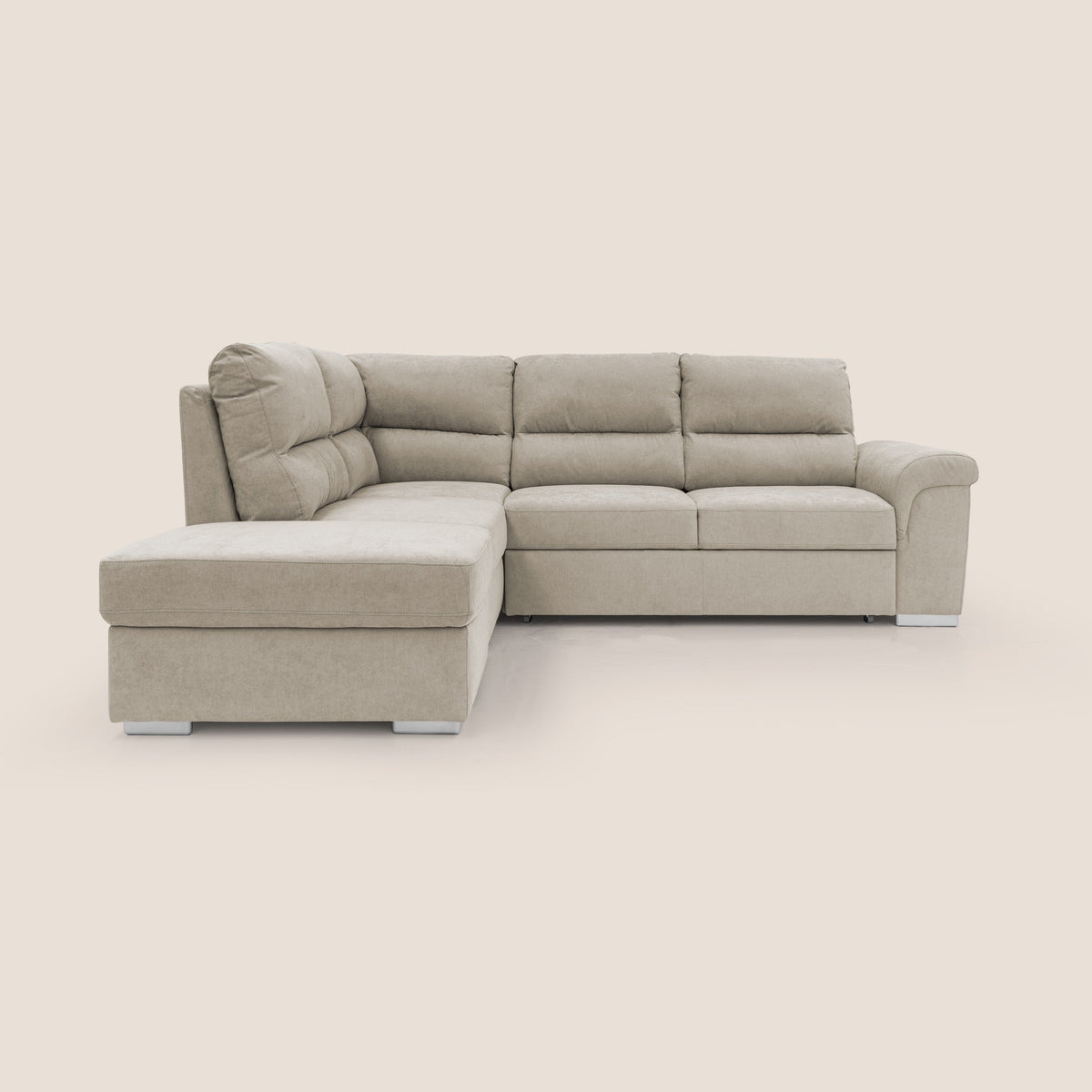 Minerva divano angolare con estraibile a cassettone e pouf contenitore in tessuto morbido impermeabile T02 panna - divitt.sbs