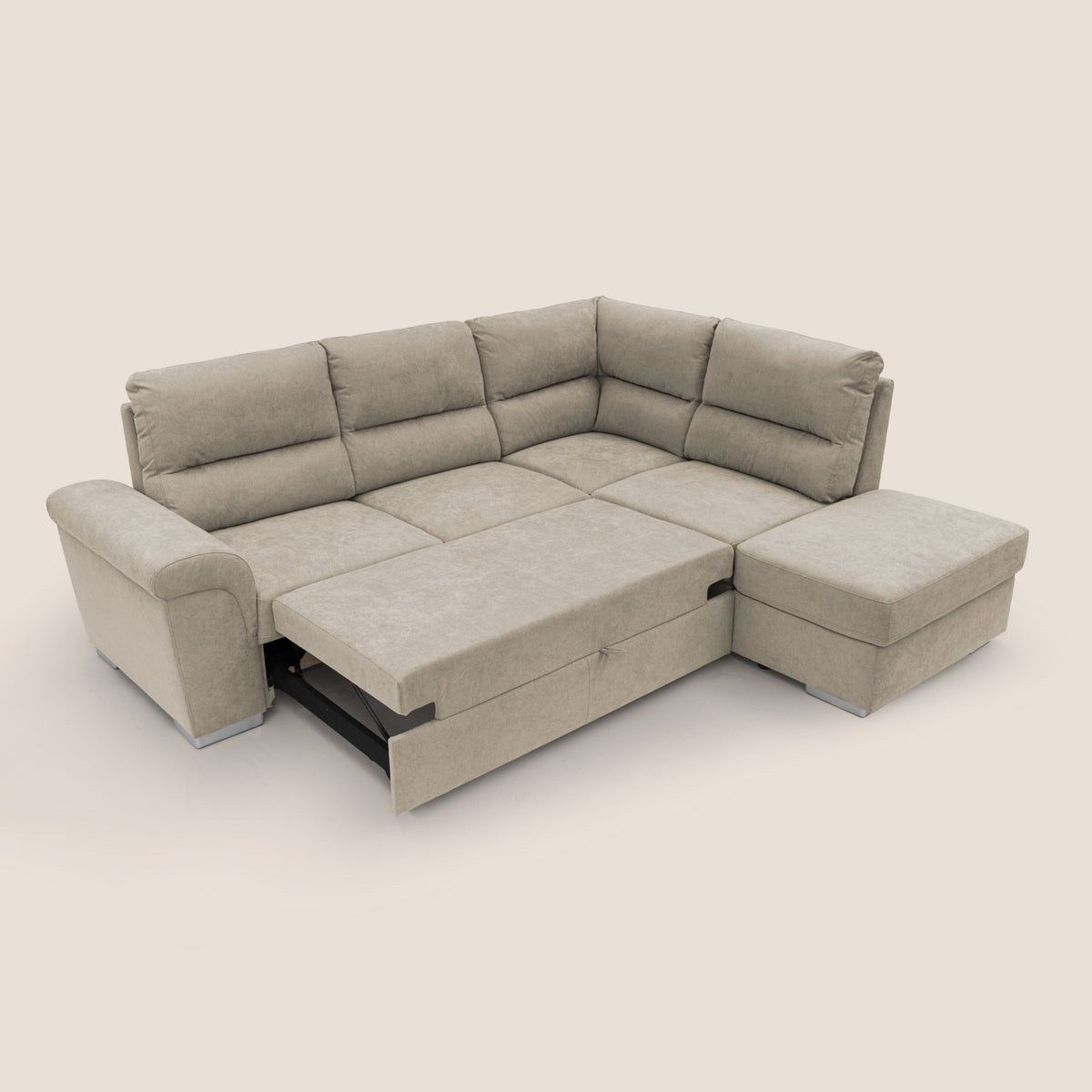 Minerva divano angolare con estraibile a cassettone e pouf contenitore in tessuto morbido impermeabile T02 panna - divitt.sbs