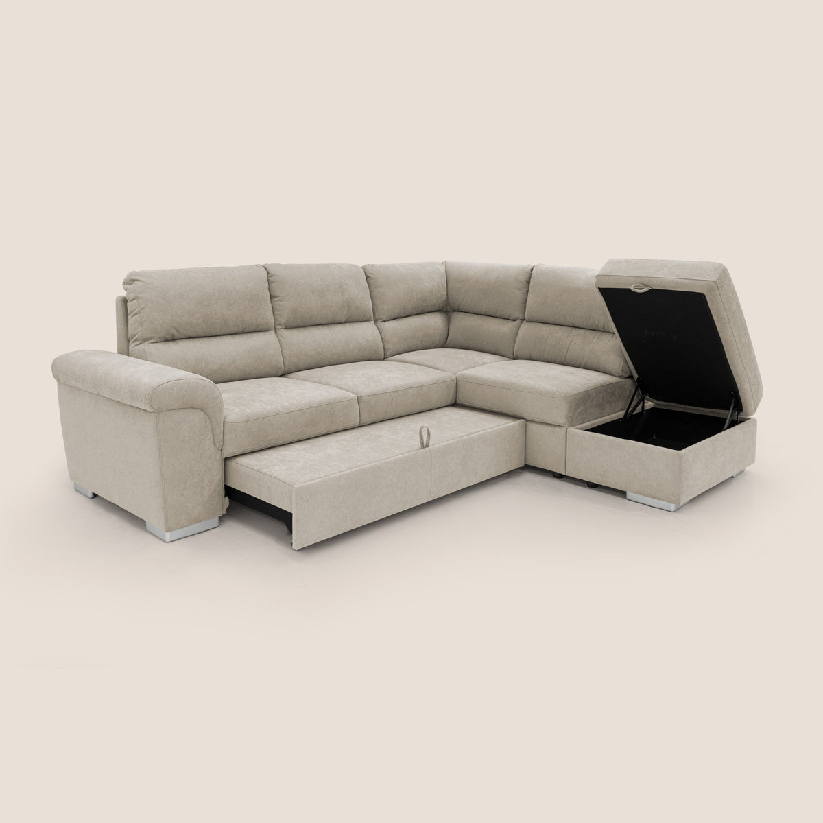 Minerva divano angolare con estraibile a cassettone e pouf contenitore in tessuto morbido impermeabile T02 panna - divitt.sbs