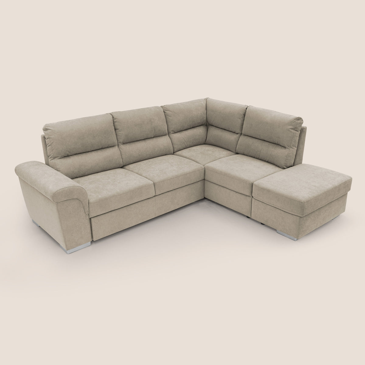 Minerva divano angolare con estraibile a cassettone e pouf contenitore in tessuto morbido impermeabile T02 panna - divitt.sbs