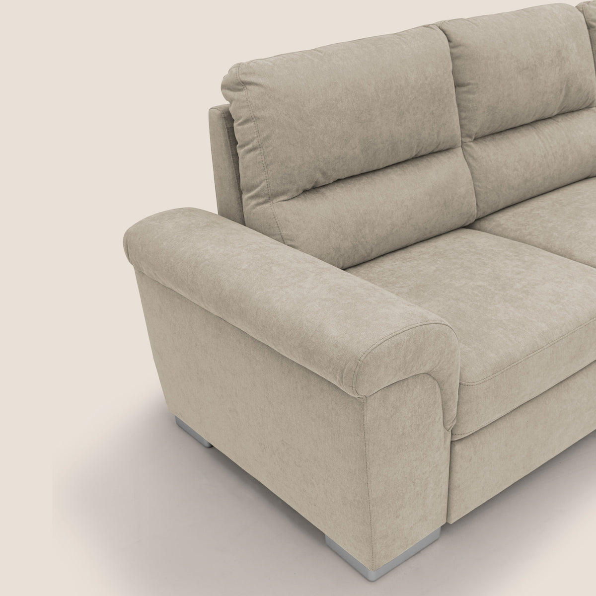 Minerva divano angolare con estraibile a cassettone e pouf contenitore in tessuto morbido impermeabile T02 panna - divitt.sbs