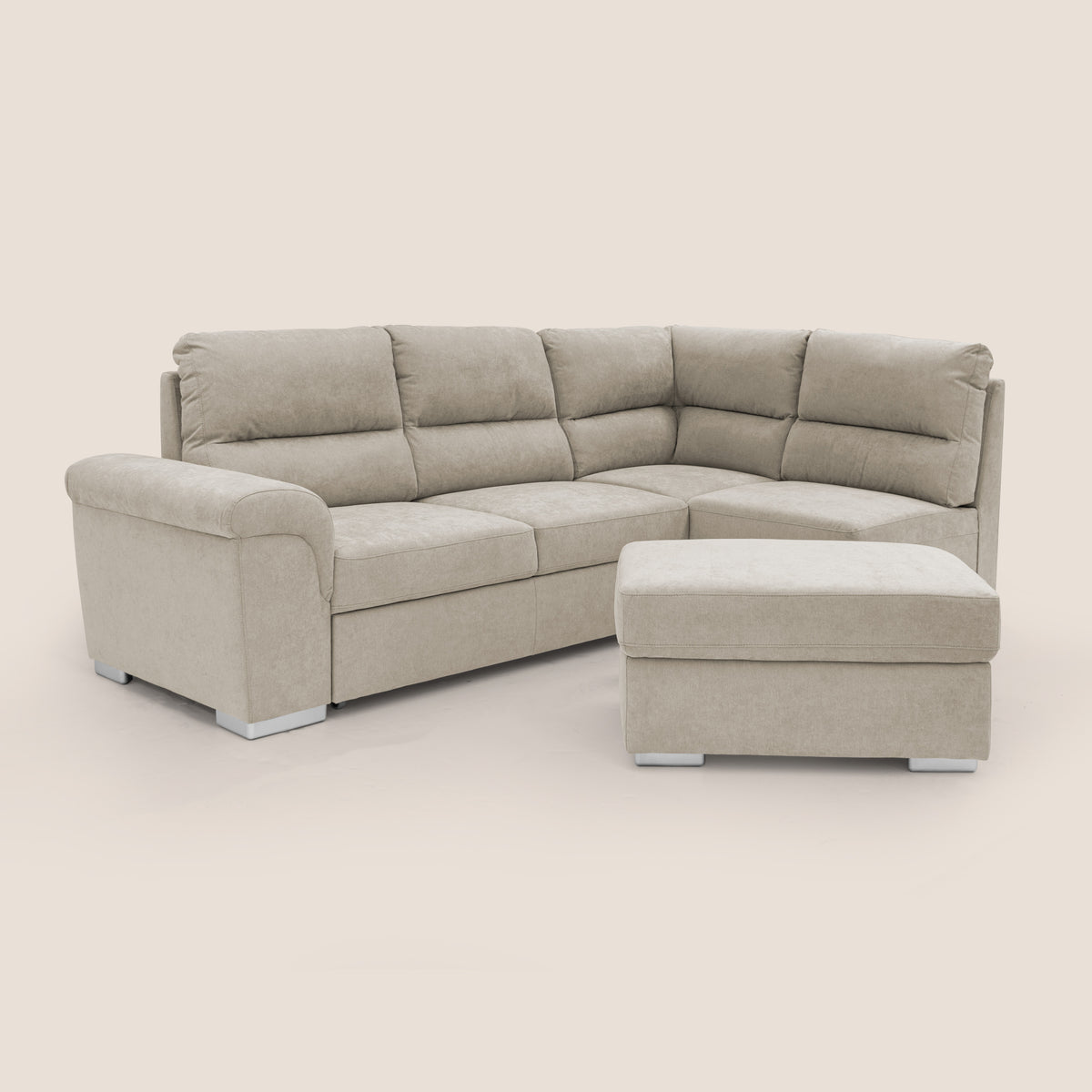 Minerva divano angolare con estraibile a cassettone e pouf contenitore in tessuto morbido impermeabile T02 panna - divitt.sbs