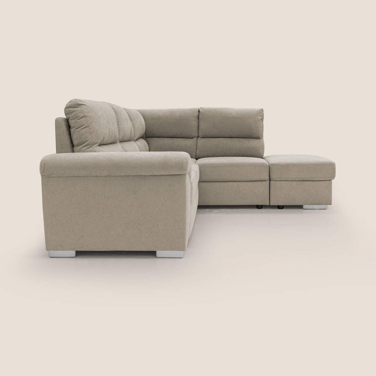 Minerva divano angolare con estraibile a cassettone e pouf contenitore in tessuto morbido impermeabile T02 panna - divitt.sbs