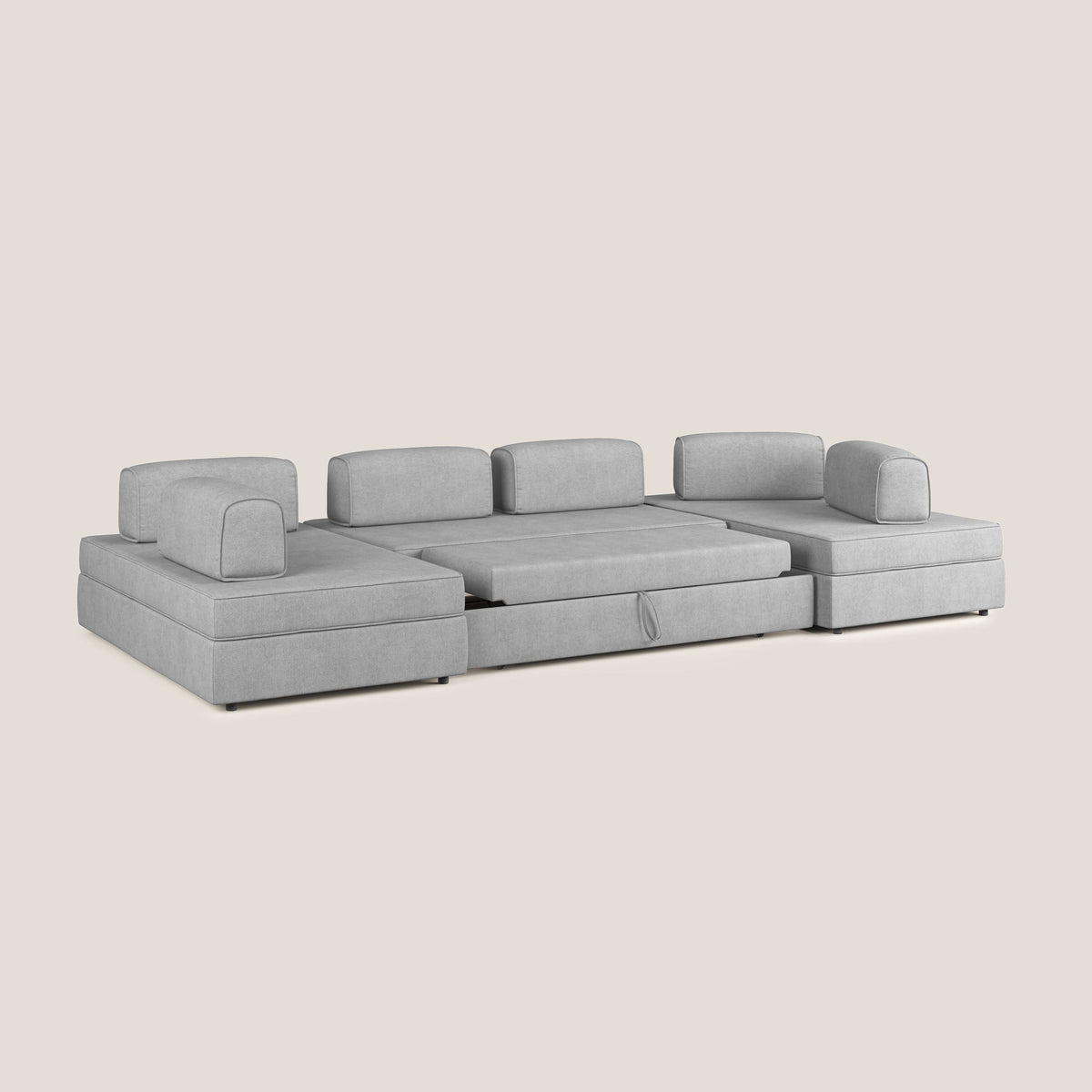 Liberty divano panoramico con pouf estraibile e schienali movibili in tessuto morbido impermeabile T02 grigio chiaro - divitt.sbs