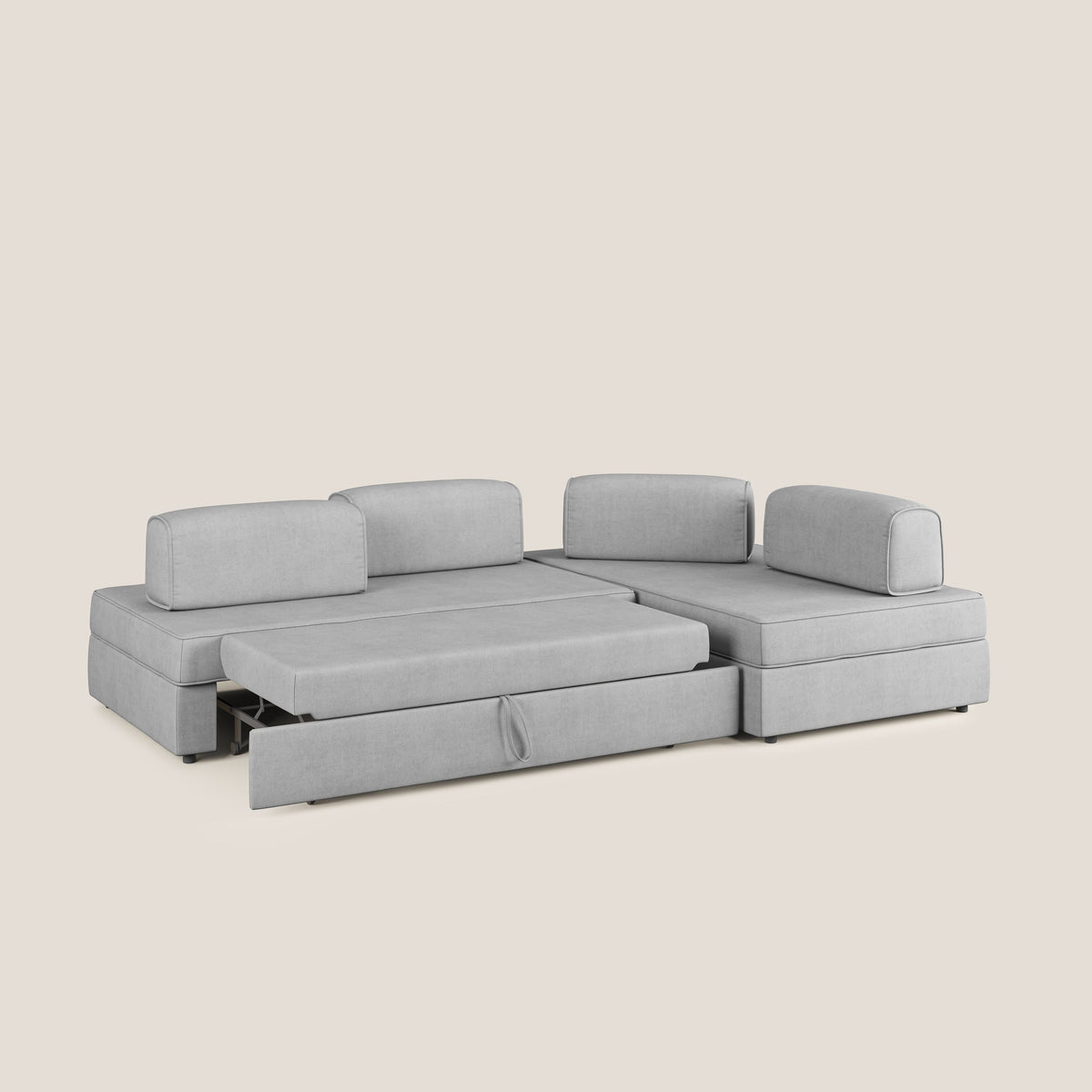 Liberty divano angolare con pouf estraibile e schienali movibili in tessuto morbido impermeabile T02 grigio chiaro - divitt.sbs
