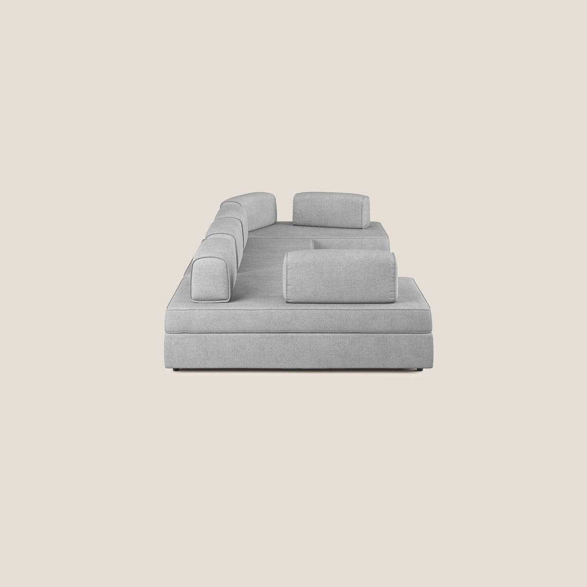 Liberty divano panoramico con pouf estraibile e schienali movibili in tessuto morbido impermeabile T02 grigio chiaro - divitt.sbs