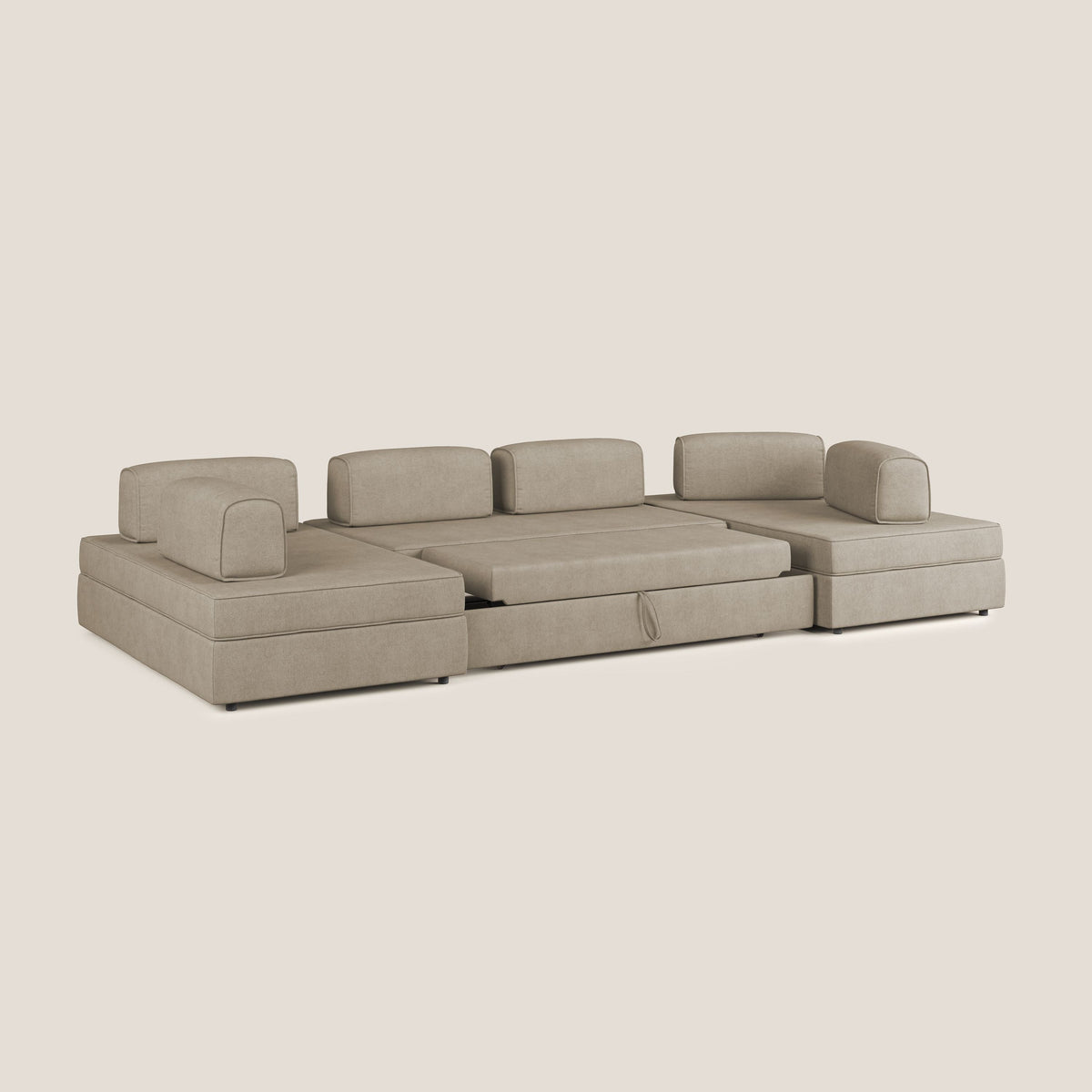 Liberty divano panoramico con pouf estraibile e schienali movibili in tessuto morbido impermeabile T02 beige - divitt.sbs