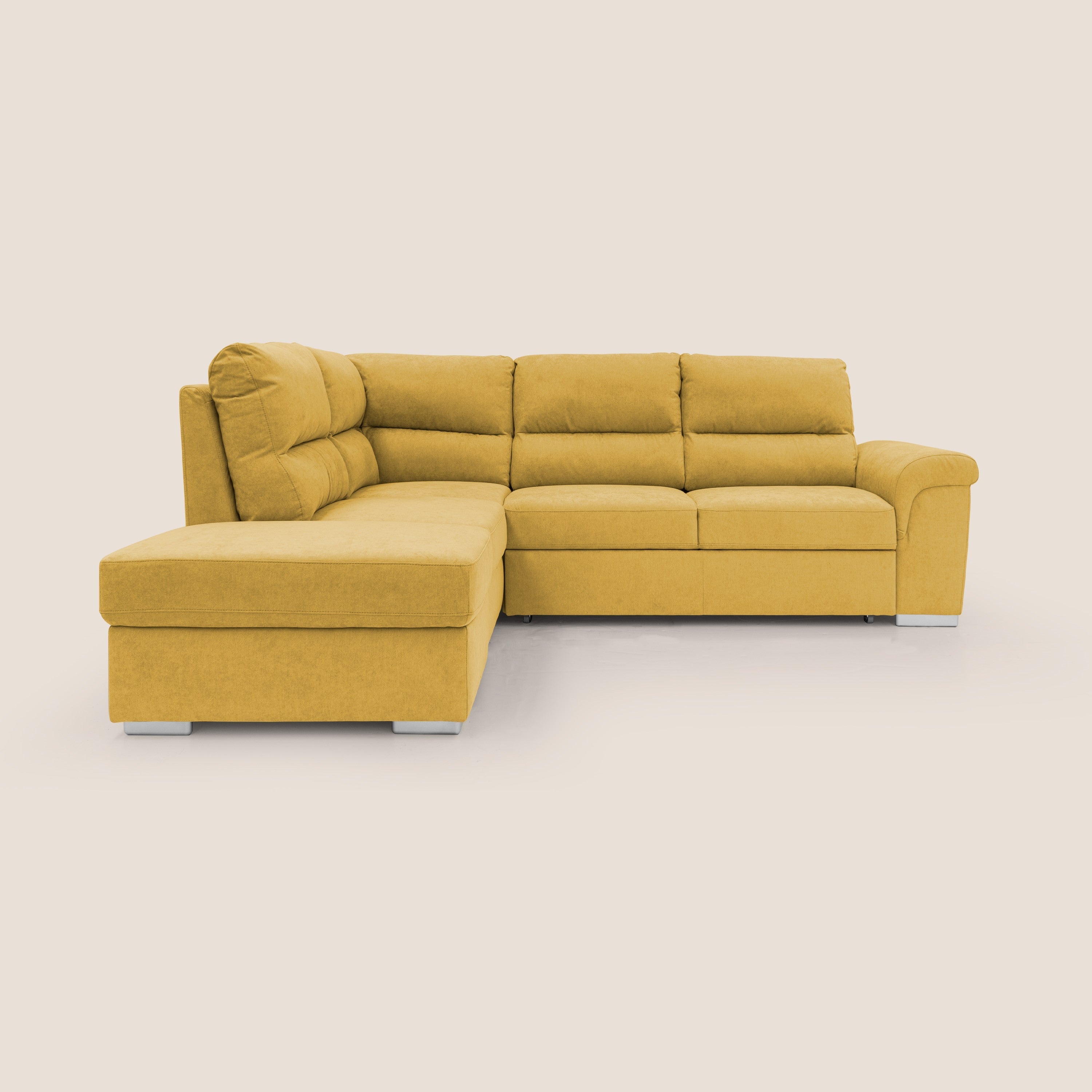 Minerva divano angolare con estraibile a cassettone e pouf contenitore in tessuto morbido impermeabile T02 giallo - divitt.sbs
