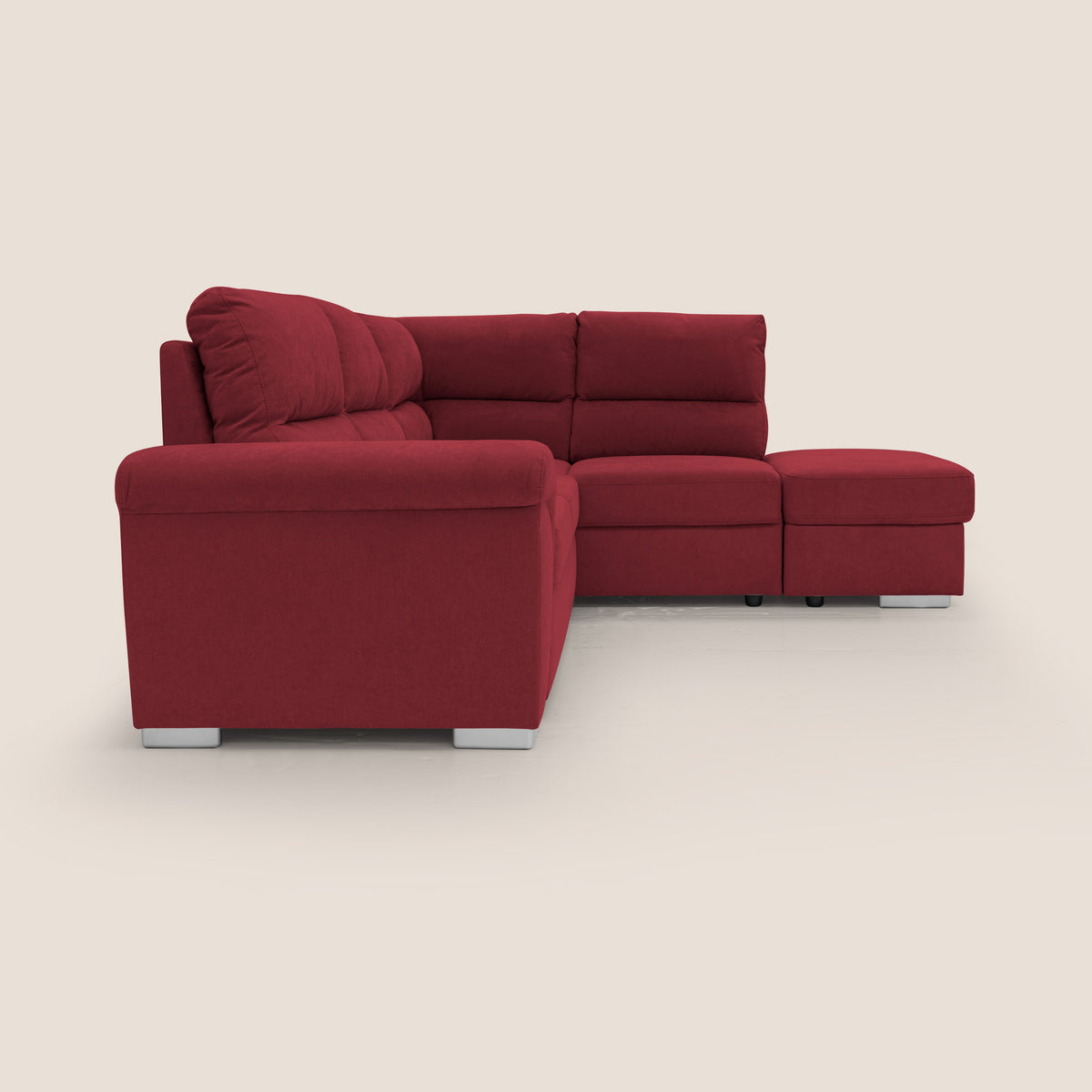 Minerva divano angolare con estraibile a cassettone e pouf contenitore in tessuto morbido impermeabile T02 rosso - divitt.sbs