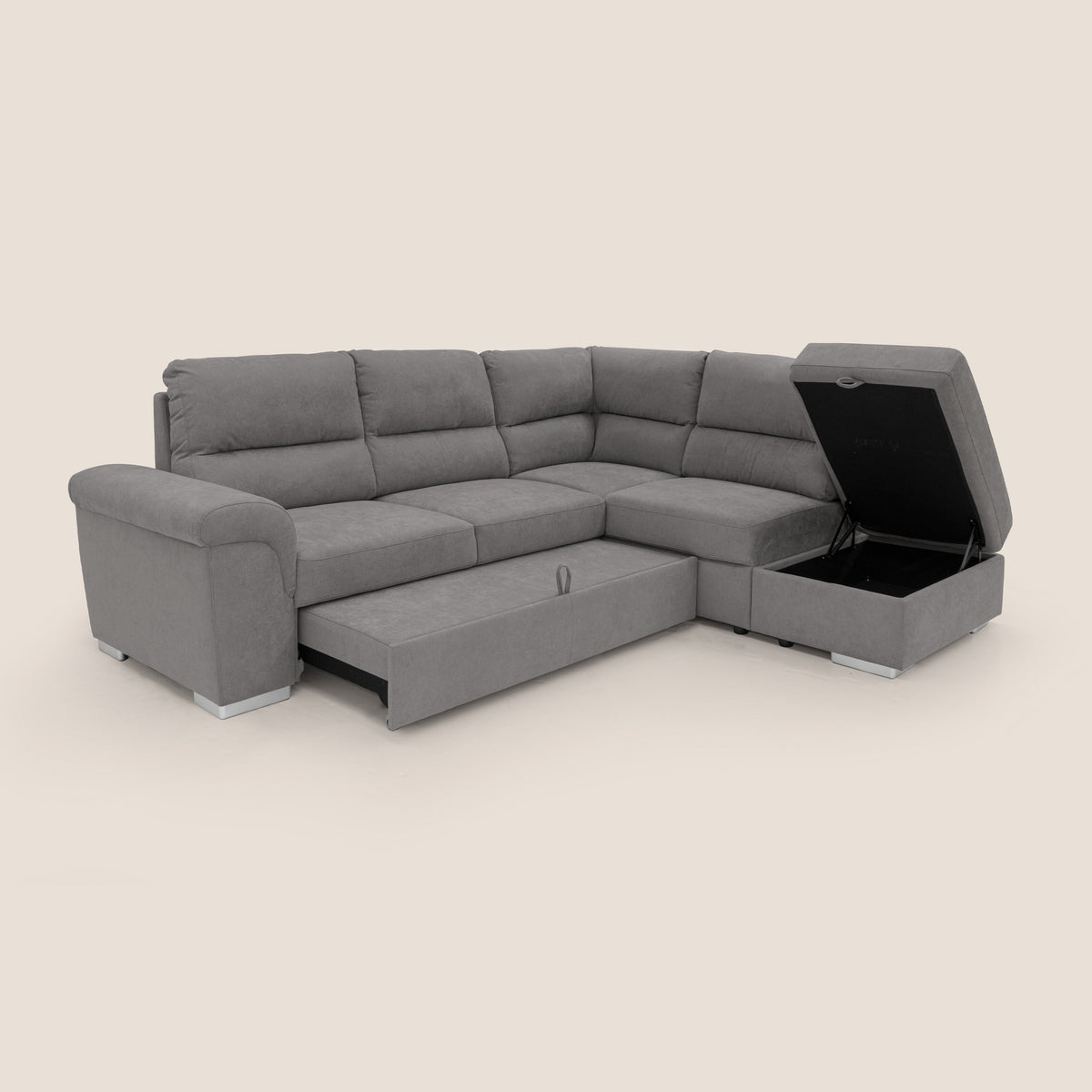 Minerva divano angolare con estraibile a cassettone e pouf contenitore in tessuto morbido impermeabile T02 grigio - divitt.sbs