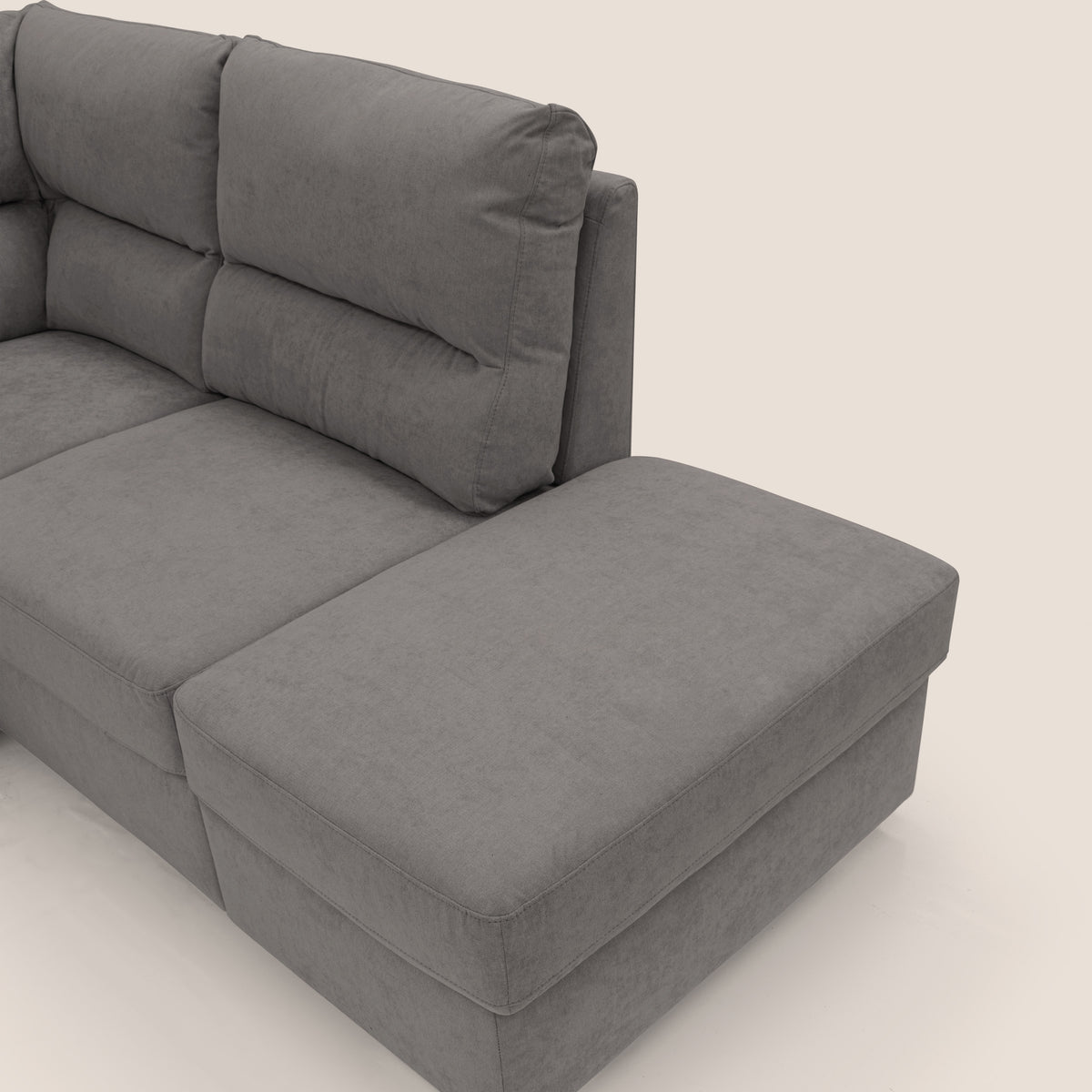 Minerva divano angolare con estraibile a cassettone e pouf contenitore in tessuto morbido impermeabile T02 grigio - divitt.sbs