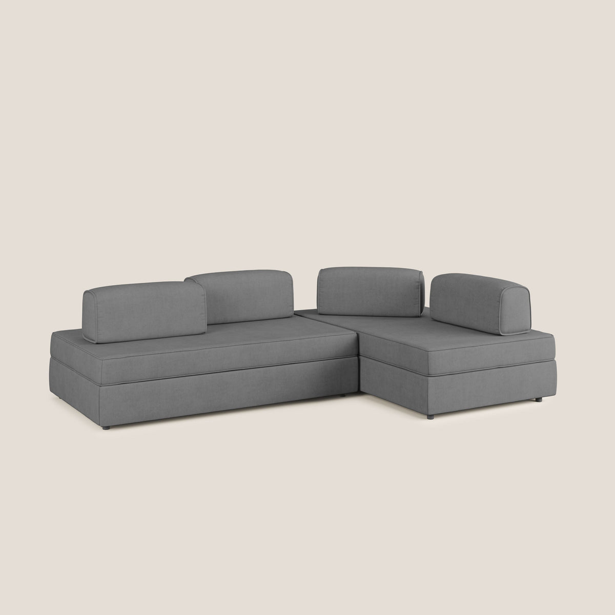Liberty divano angolare con pouf estraibile e schienali movibili in tessuto morbido impermeabile T02 grigio - divitt.sbs