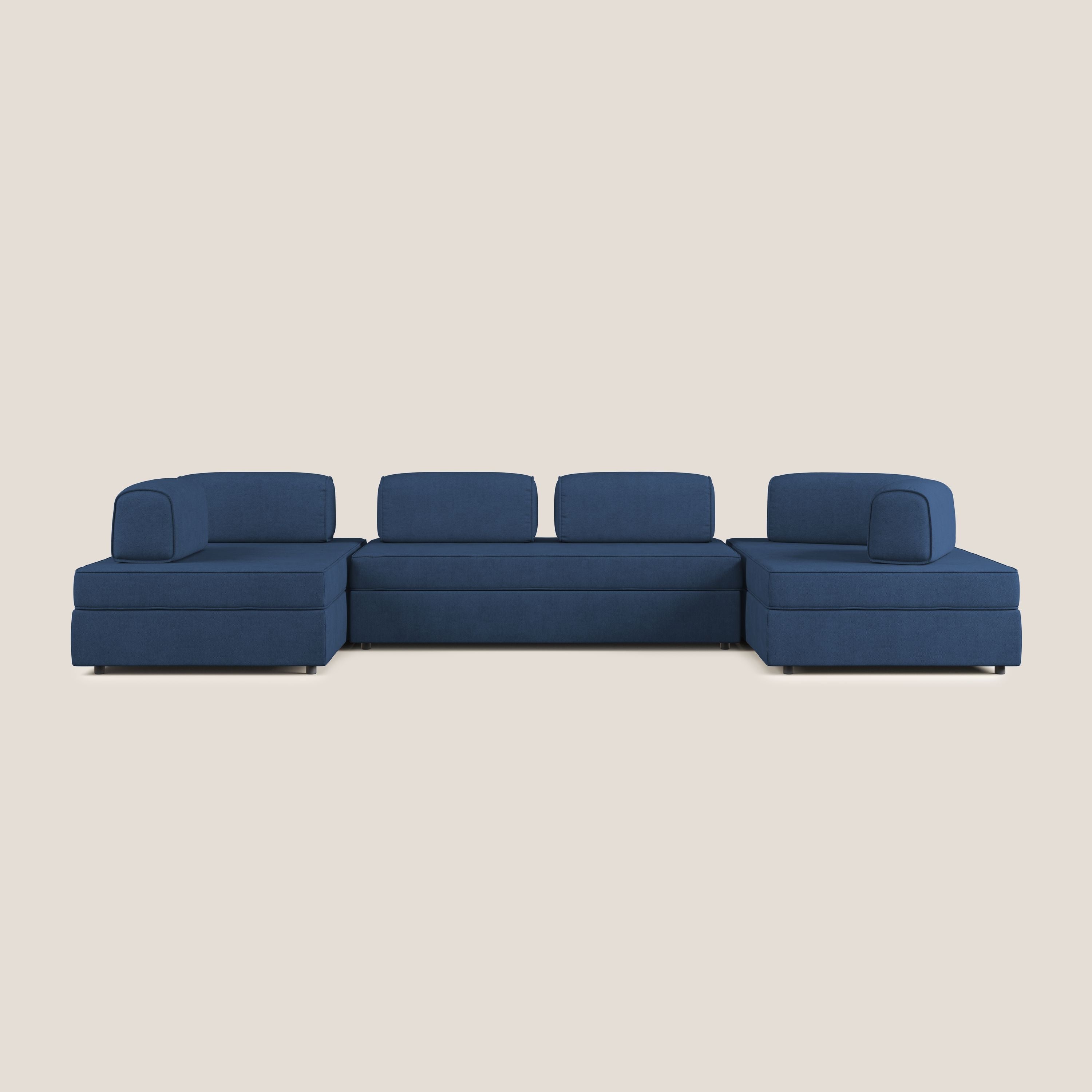 Liberty divano panoramico con pouf estraibile e schienali movibili in tessuto morbido impermeabile T02 blu - divitt.sbs