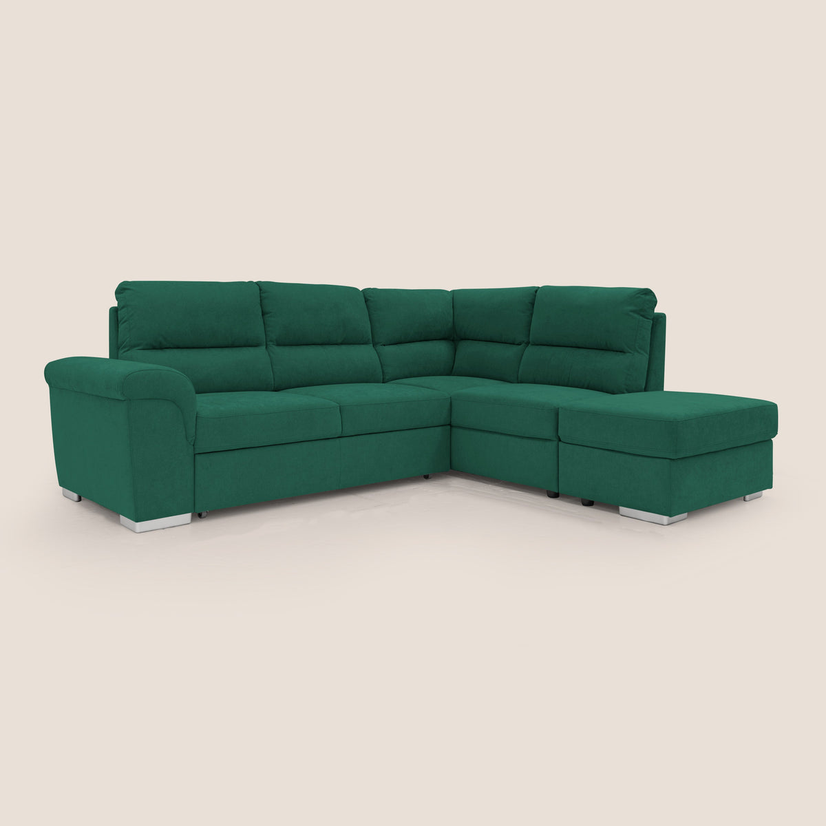Minerva divano angolare con estraibile a cassettone e pouf contenitore in tessuto morbido impermeabile T02 verde - divitt.sbs