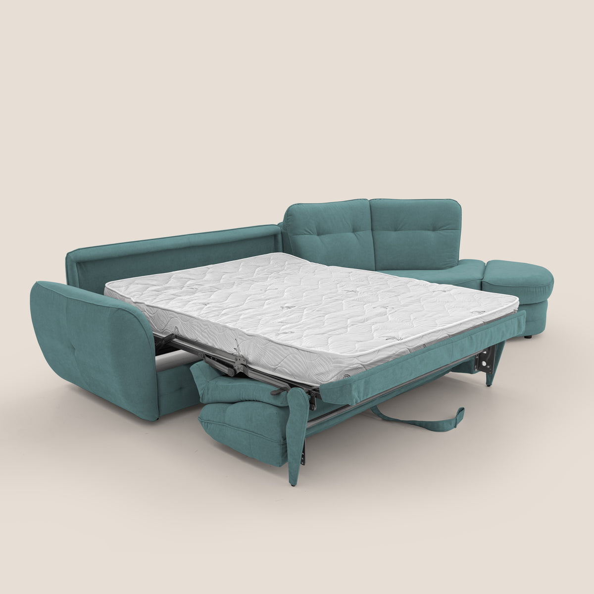 Zeus divano letto angolare con materasso H18 cm pouf mobile in tessuto impermeabile T02 petrolio - divitt.sbs