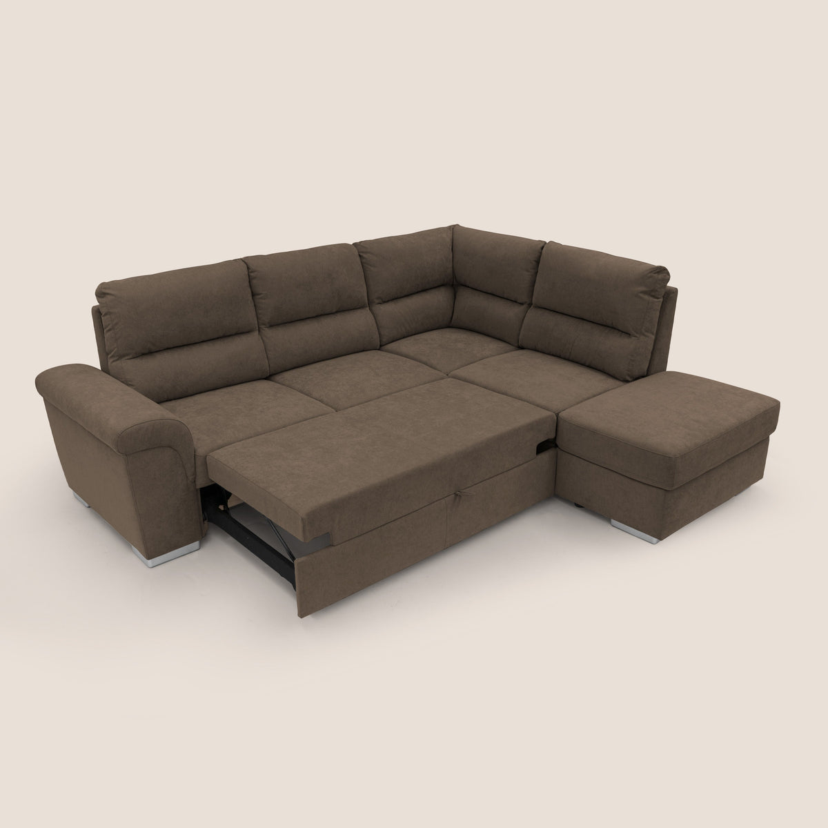 Minerva divano angolare con estraibile a cassettone e pouf contenitore in tessuto morbido impermeabile T02 marrone - divitt.sbs