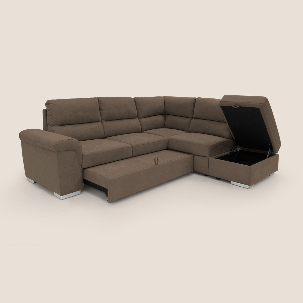 Minerva divano angolare con estraibile a cassettone e pouf contenitore in tessuto morbido impermeabile T02 marrone - divitt.sbs