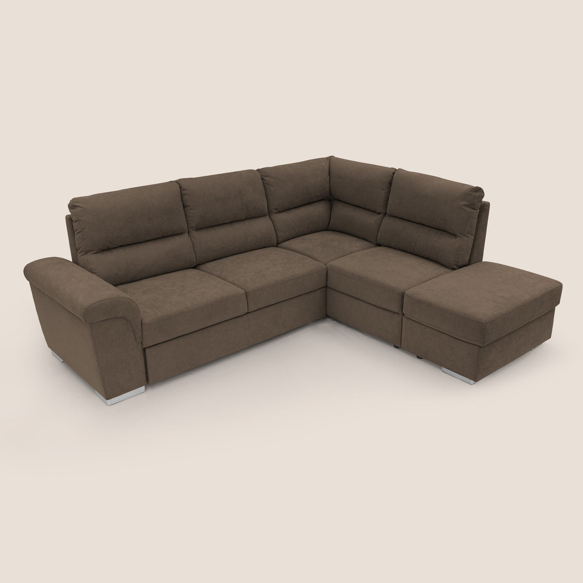 Minerva divano angolare con estraibile a cassettone e pouf contenitore in tessuto morbido impermeabile T02 marrone - divitt.sbs