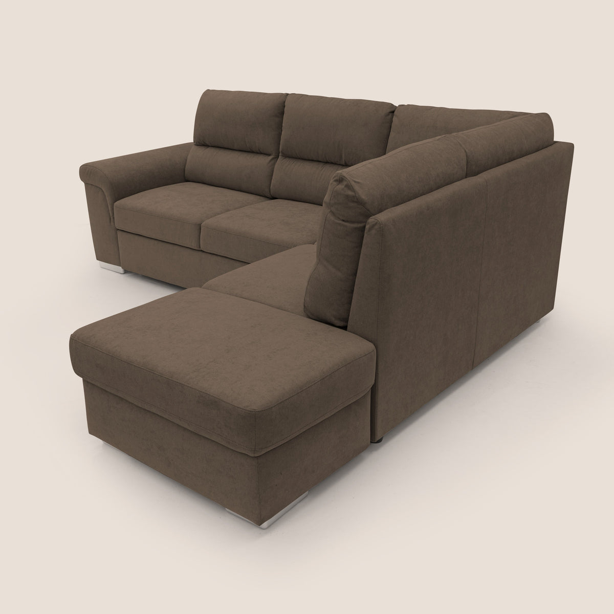 Minerva divano angolare con estraibile a cassettone e pouf contenitore in tessuto morbido impermeabile T02 marrone - divitt.sbs